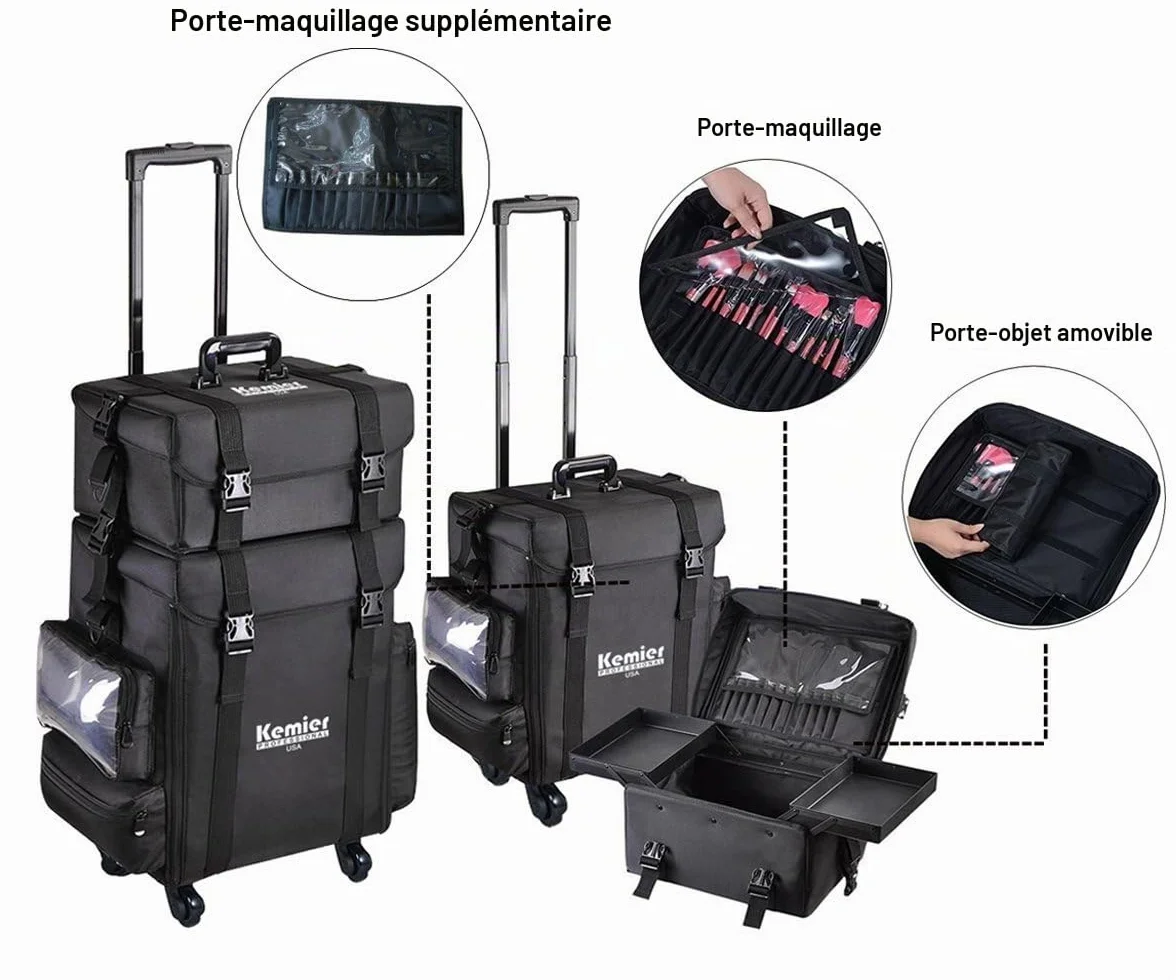 Mallette de Maquillage Professionnelle Kemier Roues Omni-directionnelles 2 en 1 à Côté Souple avec Tiroirs