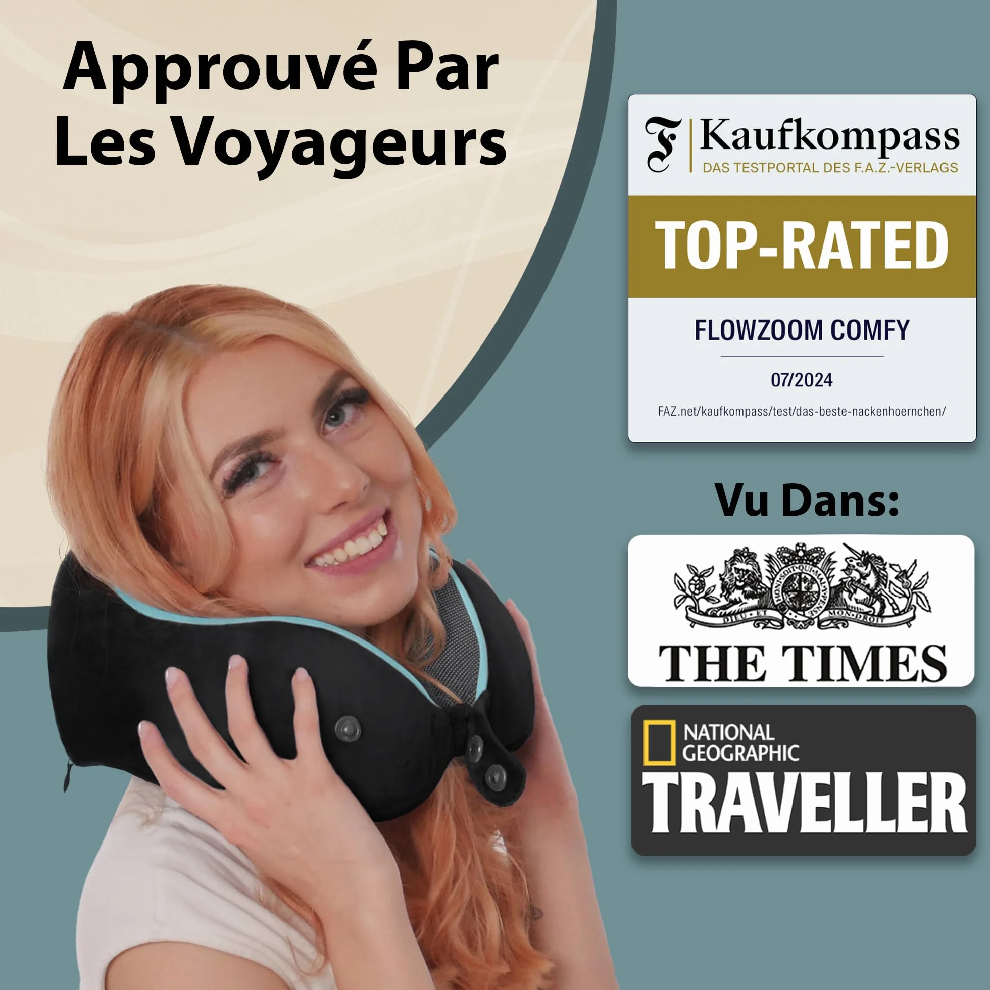 FLOWZOOM Oreiller de Voyage en Mousse à Mémoire de Forme pour Avion et Voiture, Coussin Réglable Soutien 360°, Housse Lavable, Noir
