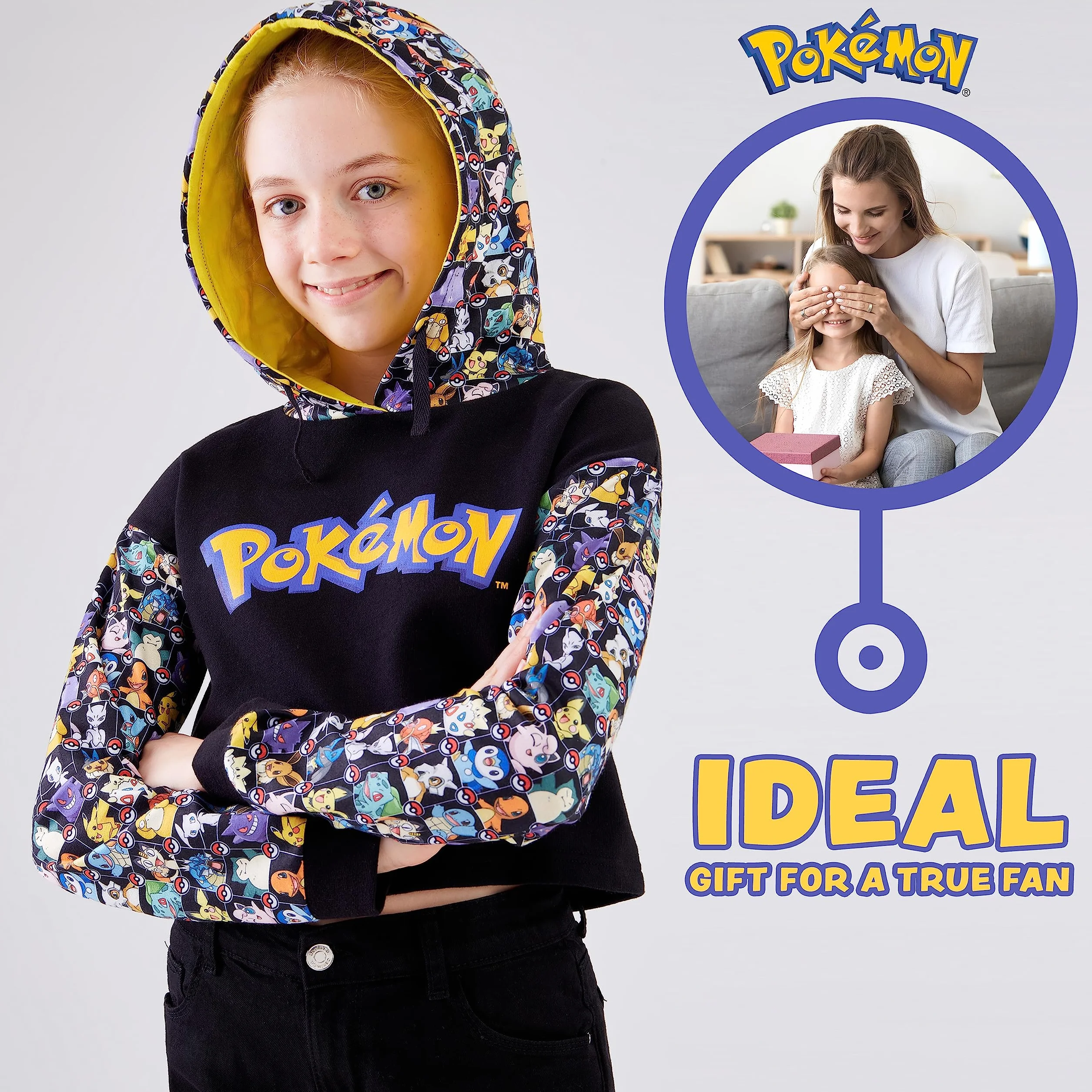 Pokémon Sweat à Capuche Fille Crop Top Officiel Pikachu Coton Tailles 5-15 Ans