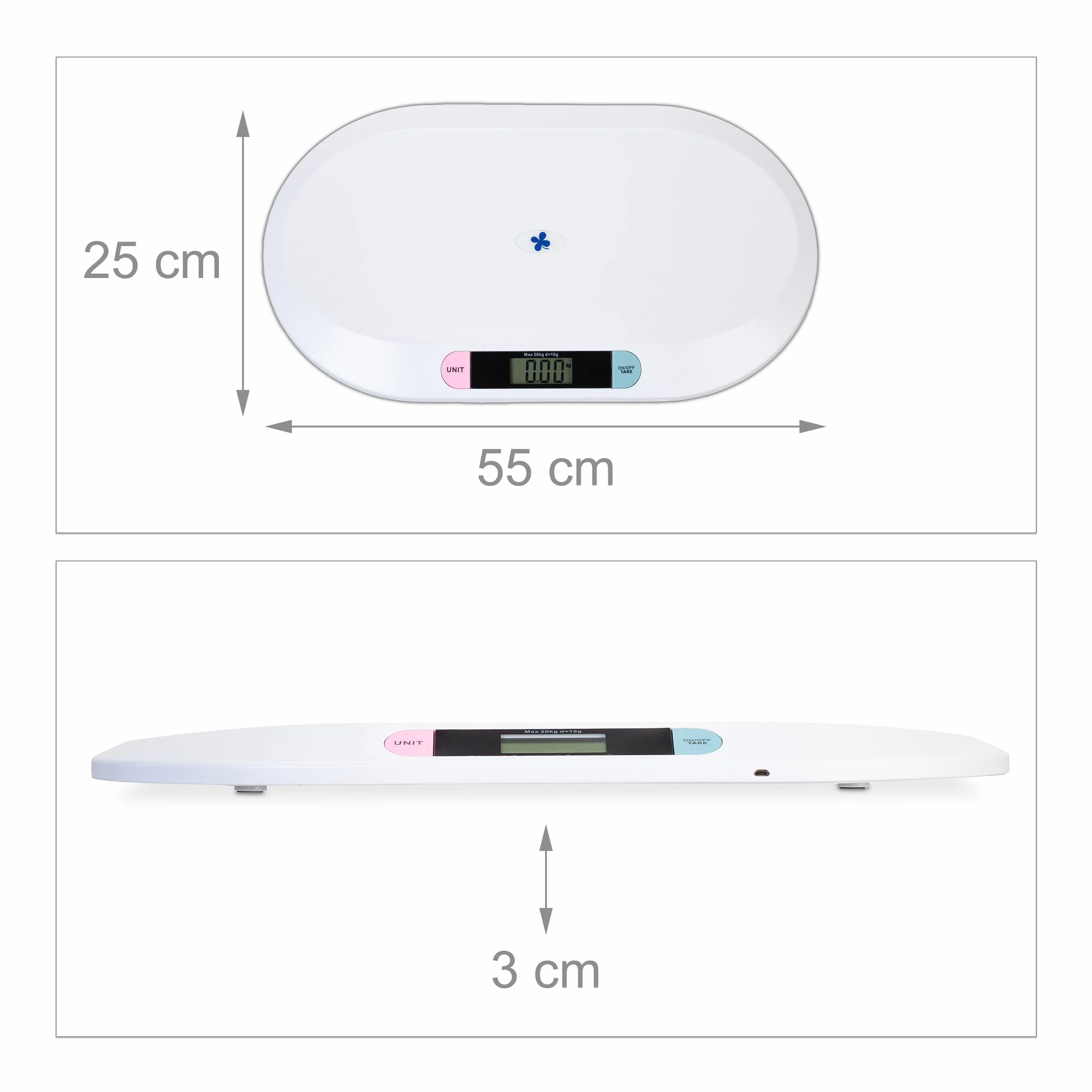 Balance bébés Digitale Relaxdays, Peser Nourrissons Jusqu’à 20 kg, Piles et câble USB Inclus, Blanc