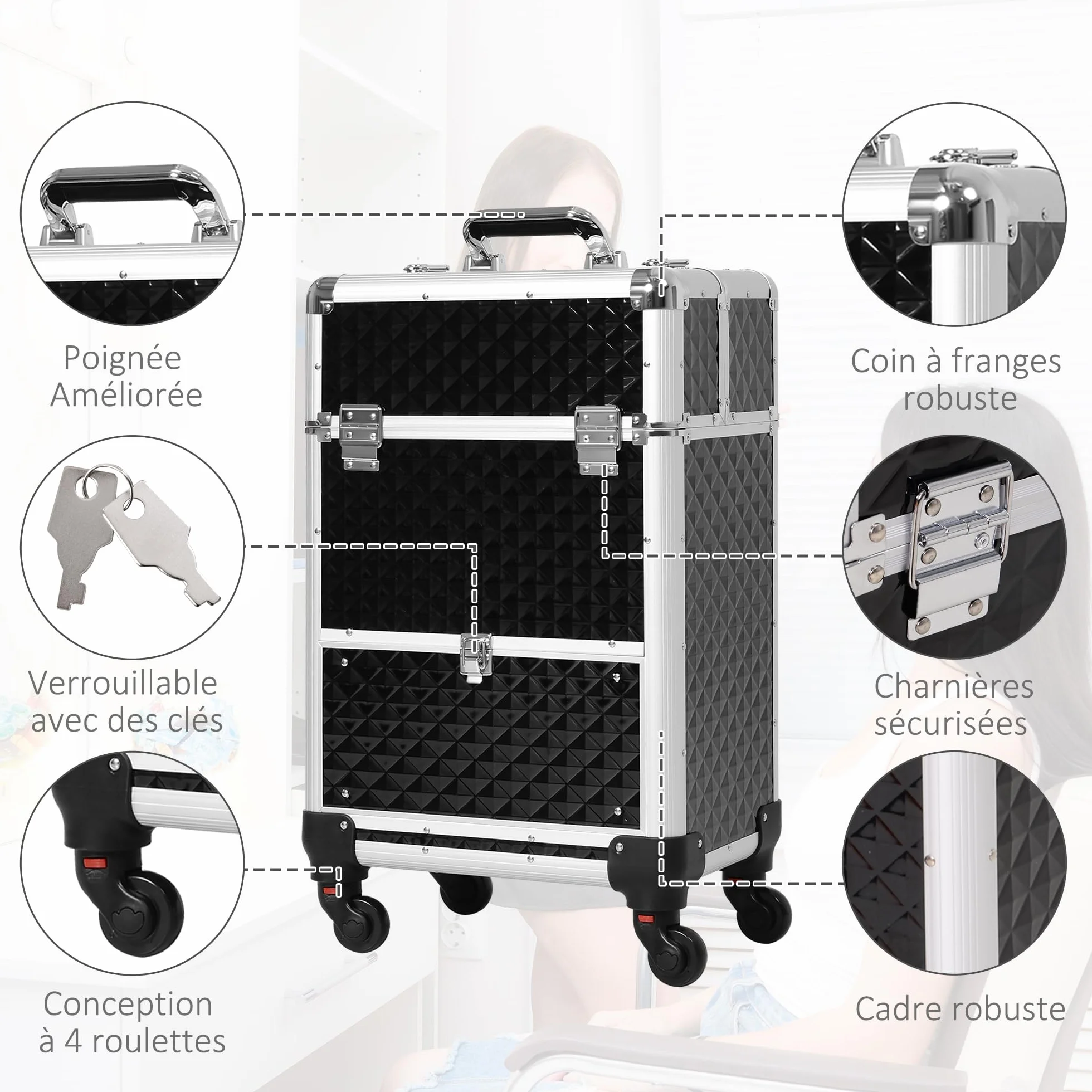 HOMCOM Valise Trolley Maquillage Mallette cosmétique Vanité poignée télescopique 34x25x62 cm alu Noir