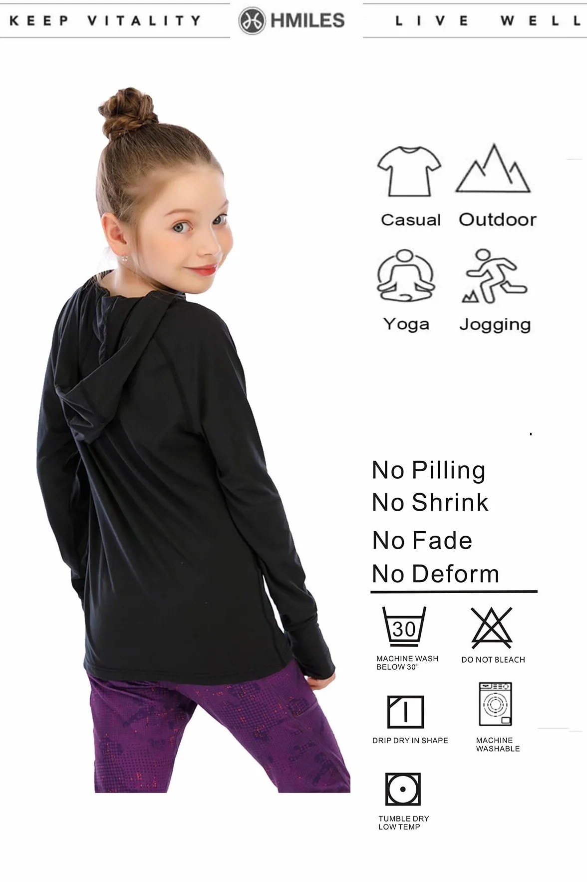 Chemise à capuche à manches longues pour filles avec trou pouce - Haut UV course enfants UPF - Sweat léger sport actif yoga danse
