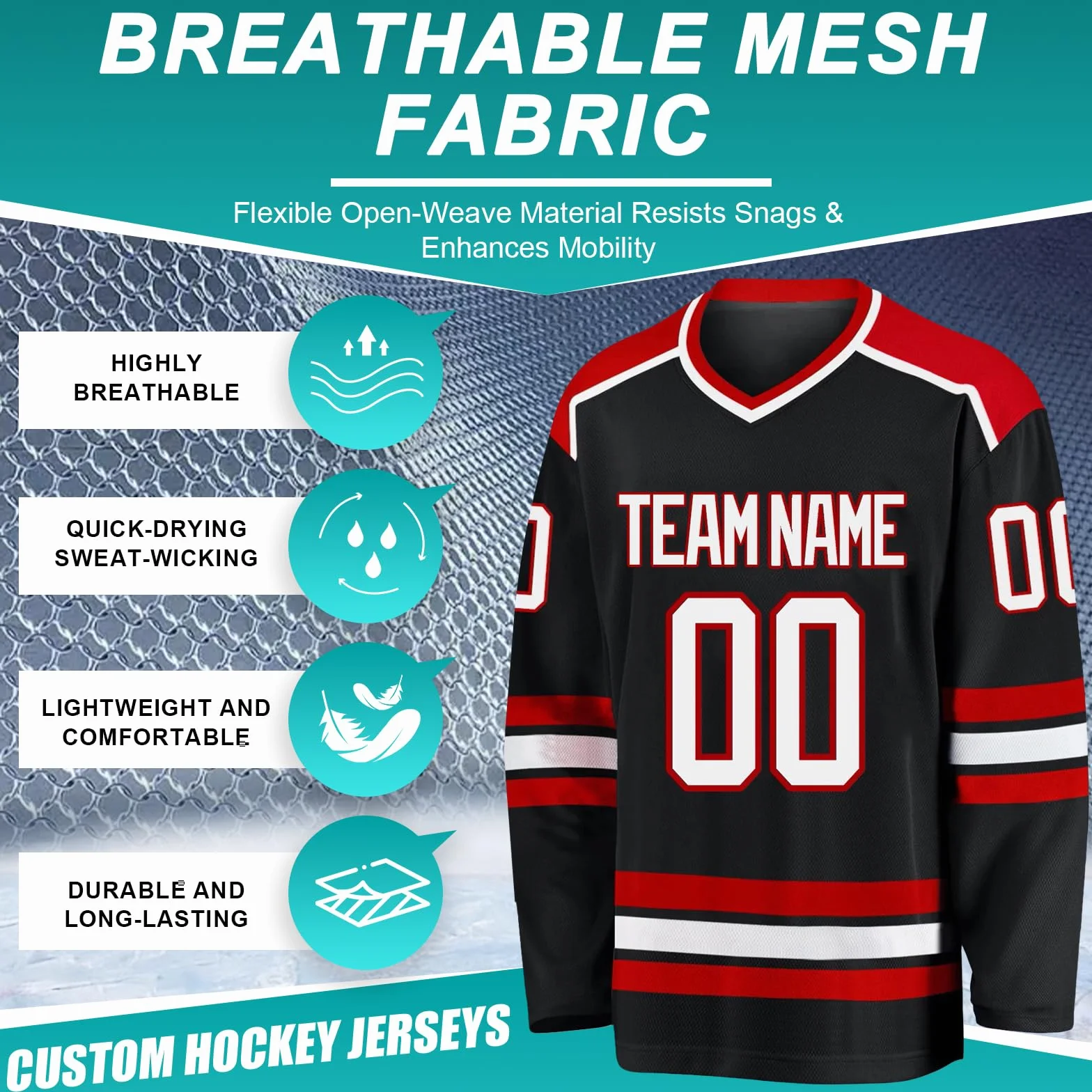 Maillot de Hockey Personnalisable Nom d'Équipe Tissu Respirant Maillé Hommes
