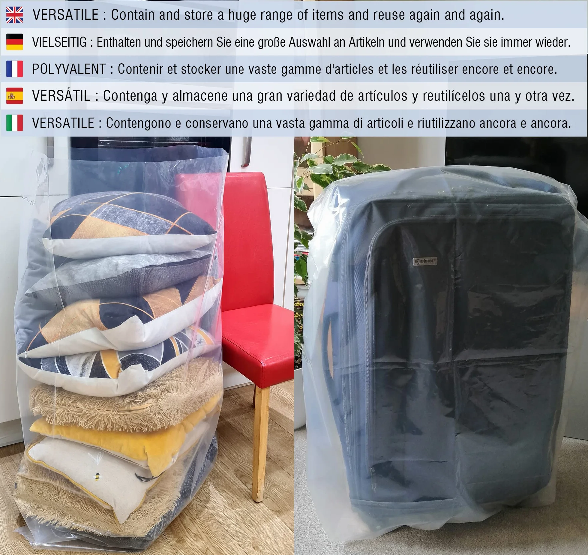 Grand Sac de Rangement en Plastique Transparent 83 cm x 111 cm 114 μm Imperméable Lot de 5