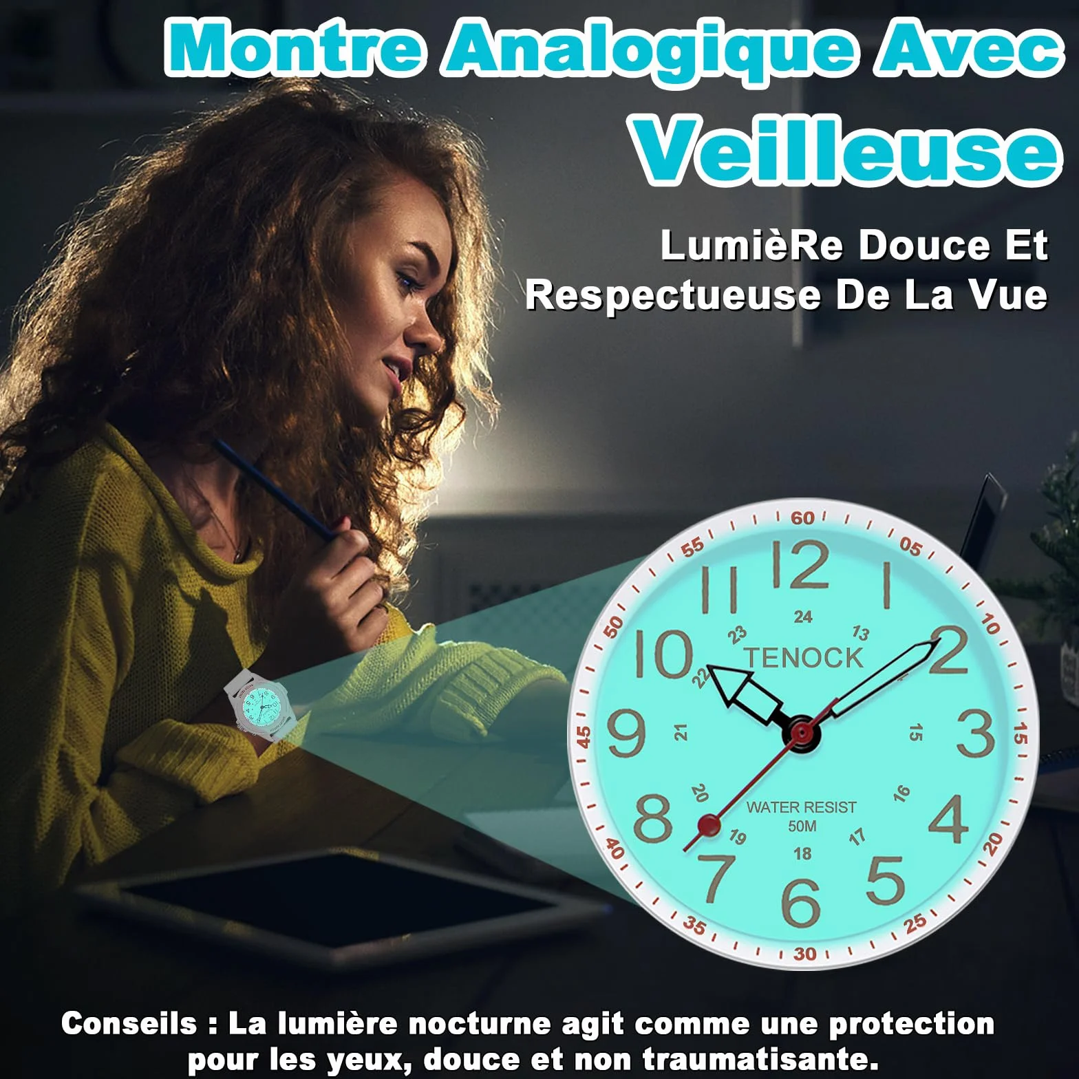 Montre de Sport Femmes Hommes Analogique Quartz Étanche 50M Veilleuse