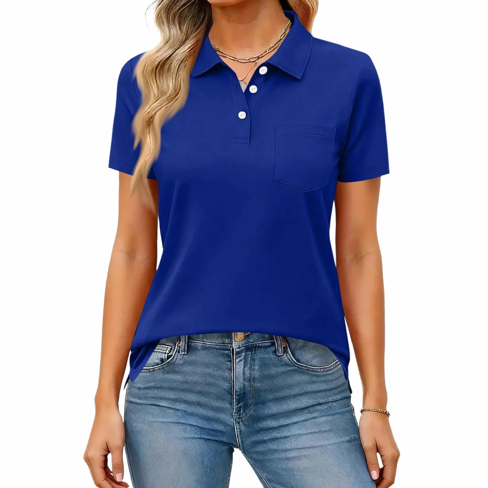 Polo Femme Manche Courte Col V Boutonné Poche Haut Décontracté Respirant Chemisier Grande Taille