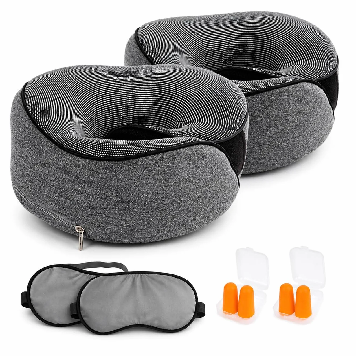 Kit Voyage 2 Personnes Gris 2 Coussins Mémoire de Forme 2 Masques Sommeil 2 Bouchons Anti-Bruit Oreiller Cervical Confort Avion Train