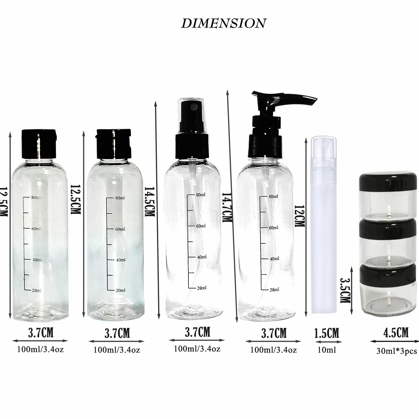 Trousse de toilette transparente avec Flacons Vide de Voyage 100ml – Kit de voyage avion femme homme