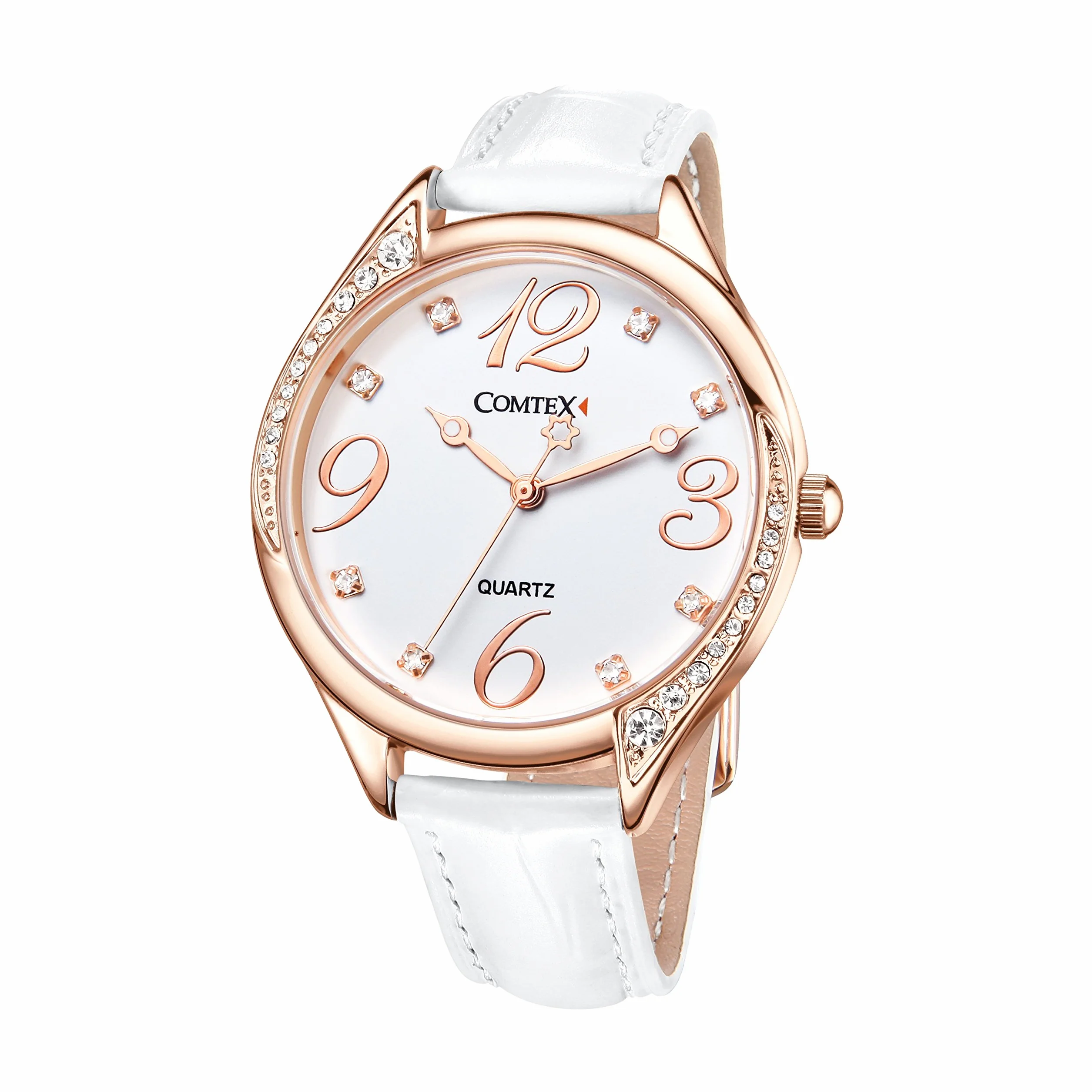 Comtex Montre Femme Or Rose Gros Cadran Diamant Cristal Blanc Cuir