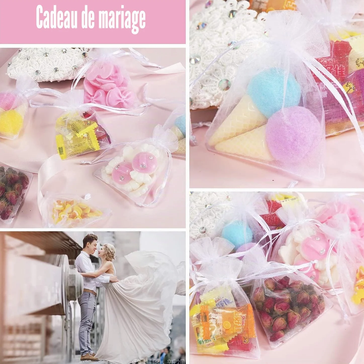 Sachets en organza blanc 9 x 12 cm Lot de 100 avec cordon en satin
