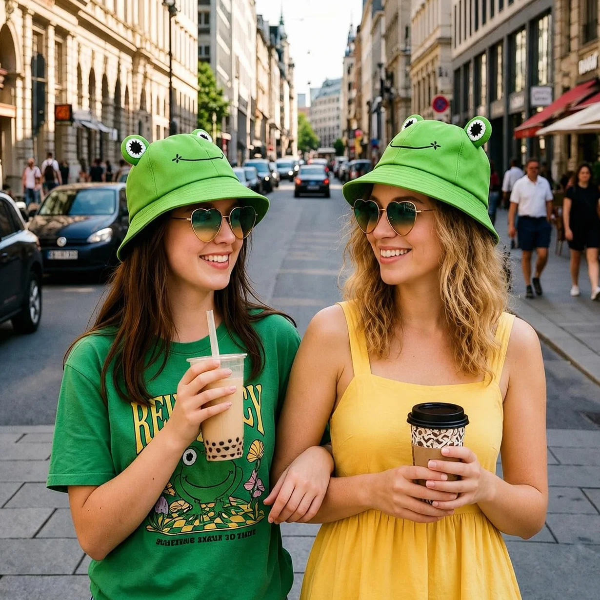 Grenouille Chapeau Bob Vert avec Lunettes Cœur Lot 2 Pièces Pliable Pêcheur Accessoire Soleil Plage Camping Randonnée Fête Été pour Femme Homme Adolescent