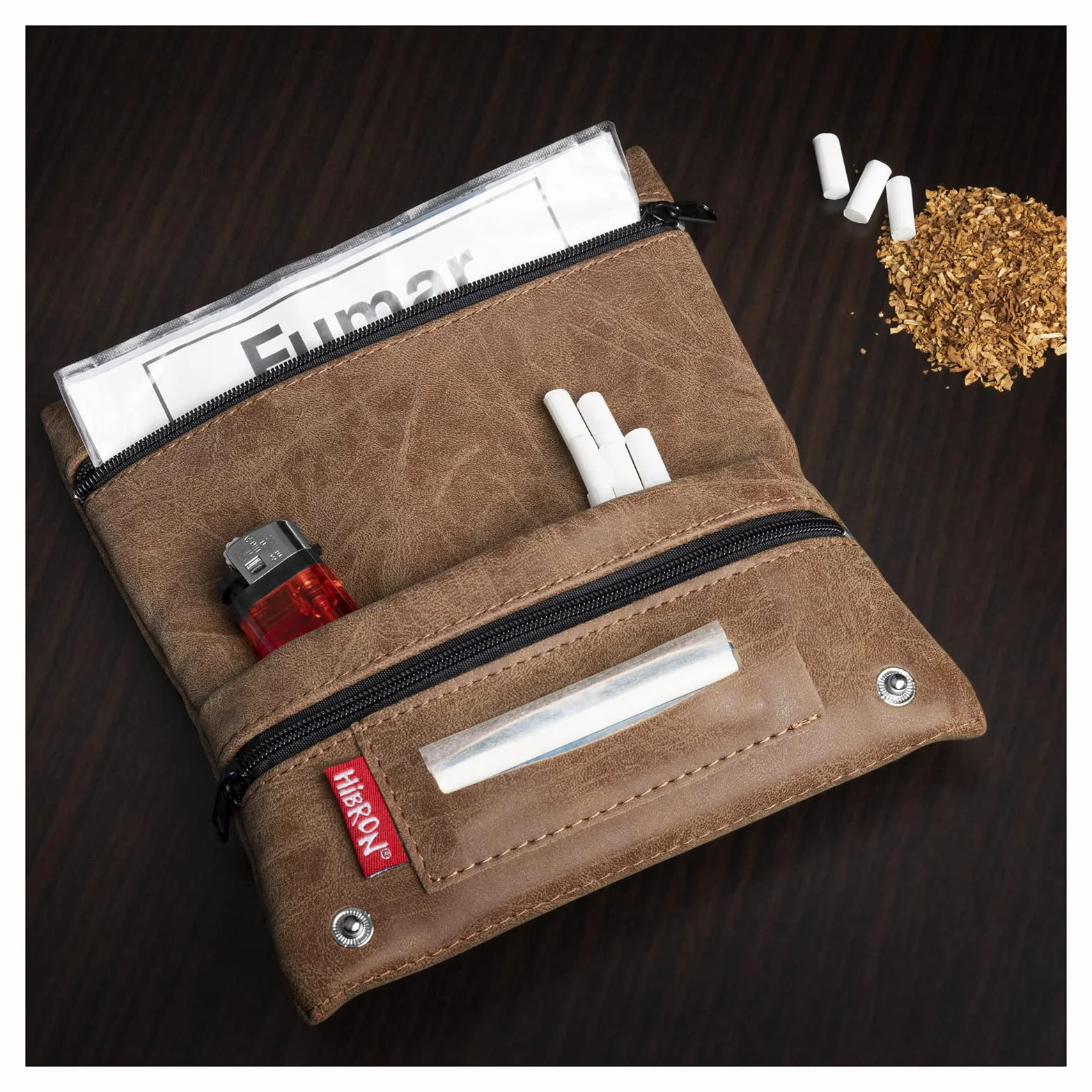 HIBRON Blague à Tabac Pochette Cuir Marron