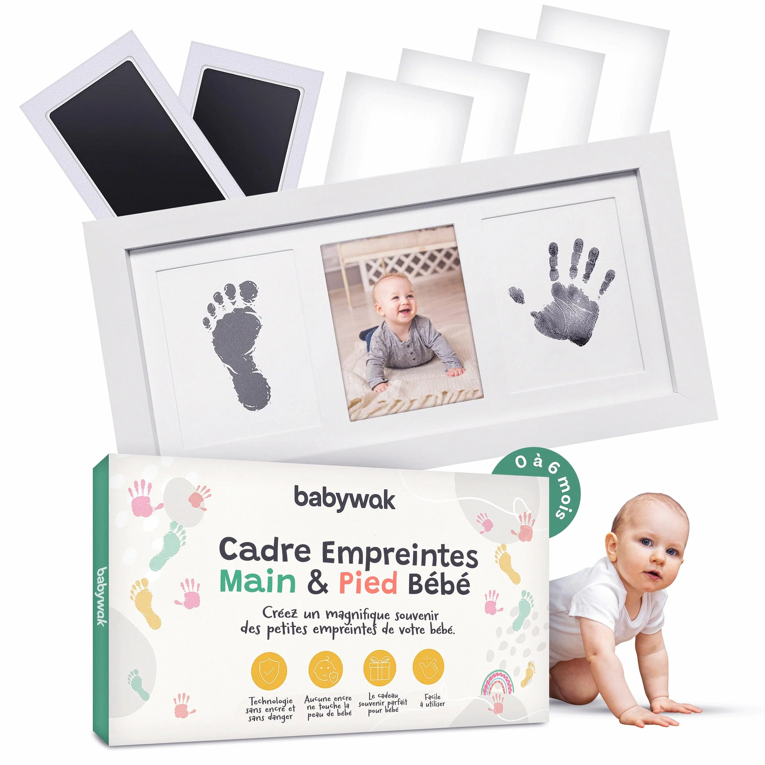Kit Empreinte Bébé sans Encre avec Cadre Photo en Bois – Cadeau Naissance Baby Shower – Souvenir Nouveau-né 0-6 Mois