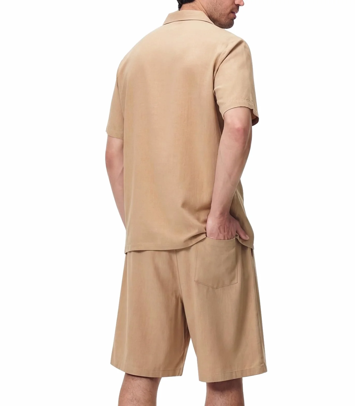 Ensemble Lin Homme 2 Pièces Chemise Manches Courtes Short Plage Été Décontracté