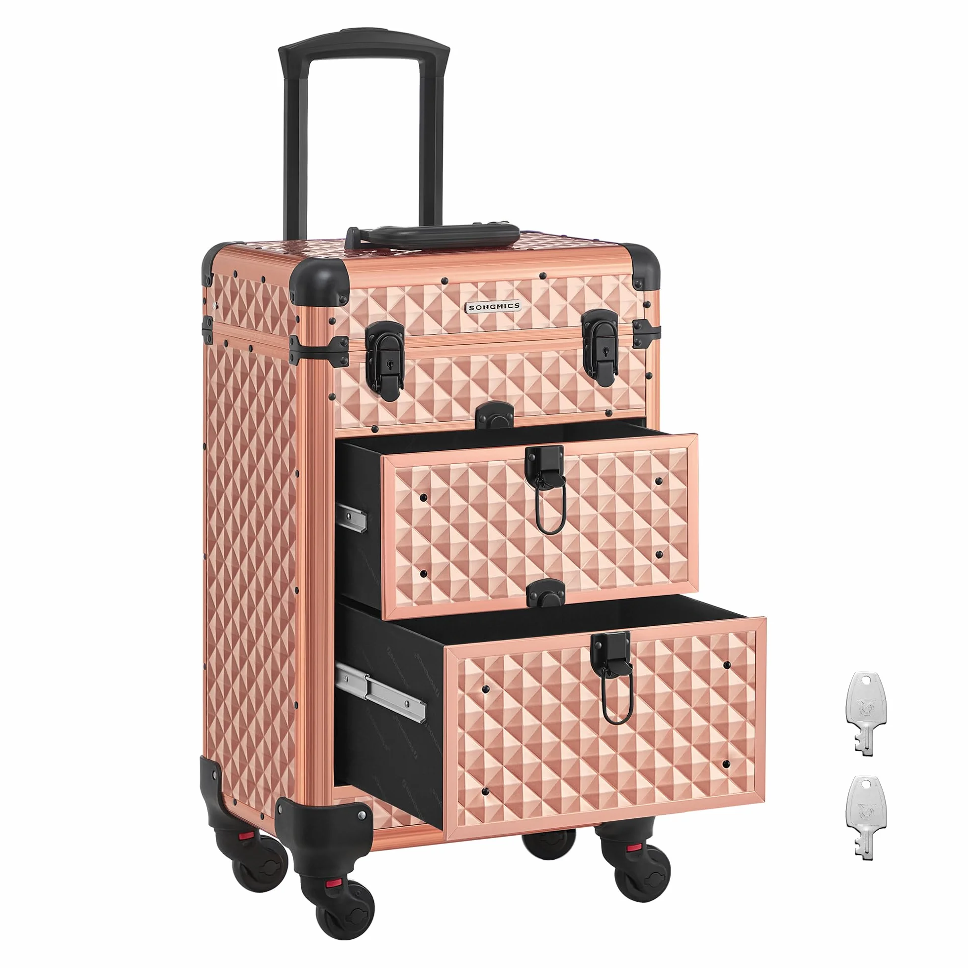 SONGMICS Valise de Maquillage Professionnel, 2 Tiroirs, 34 x 24 x 56 cm, Roulette 360°, Doré Champagne
