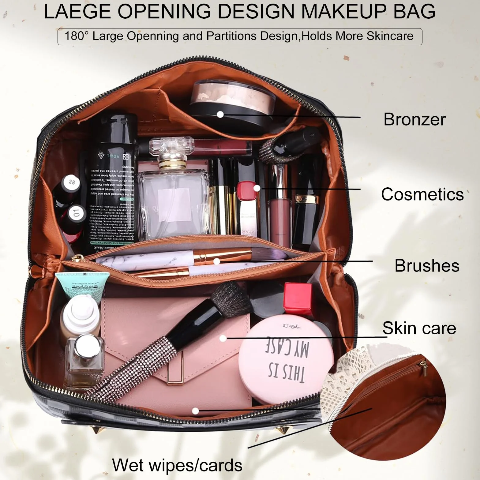 Grande Trousse de Toilette Femme Voyage XXL en Cuir PU, Makeup Bag Organizer Rose