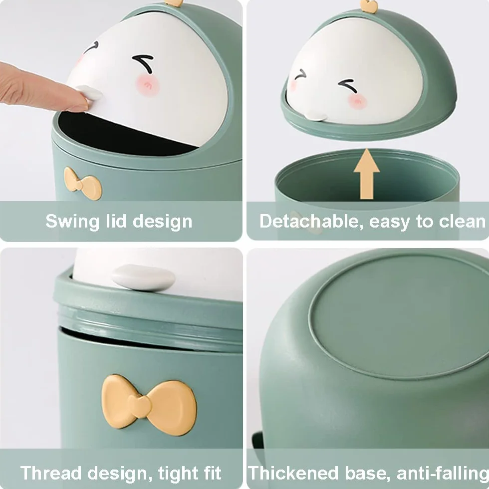 Mini Poubelle De Table Couvercle Corbeille à Papier Kawaii Boîte Rangement Bureau Vert