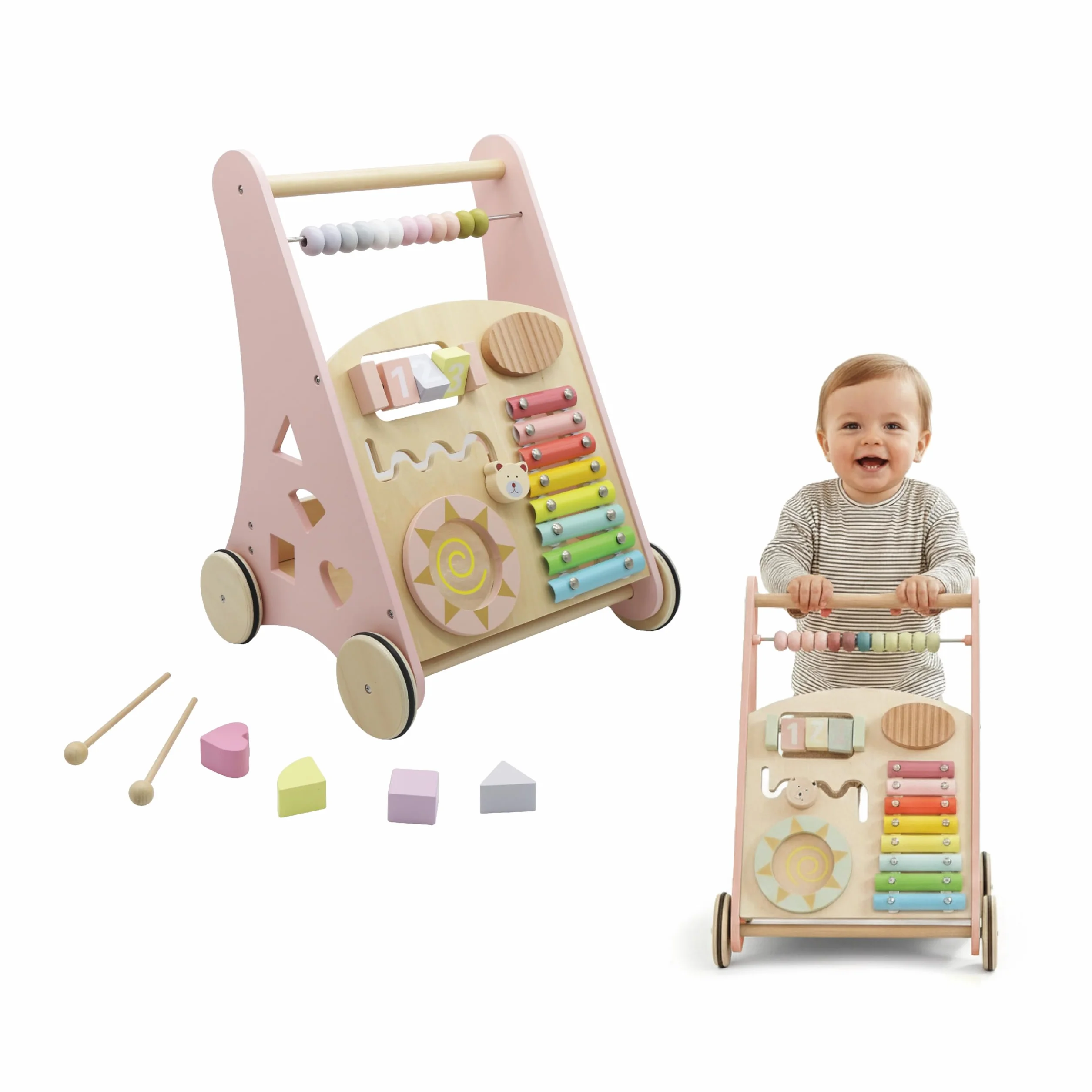 BUDDY BABY Montessori Walker Baby en bois Poussette premiers pas jouets activités Chariot tapis roulant enfants +12 mois Laponie Rose