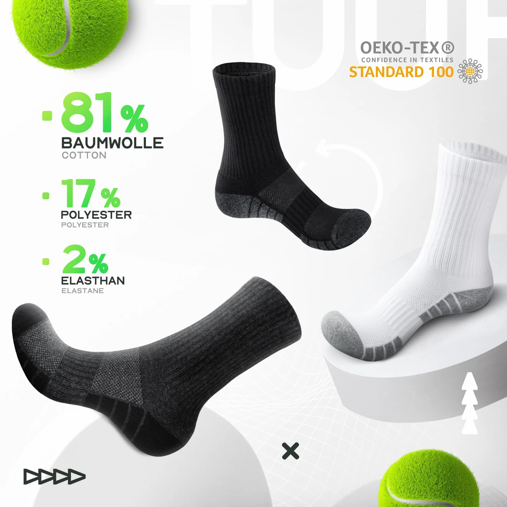 Chaussettes de Sport Coton Éponge Lot de 6 Homme Femme OEKO-TEX Standard 100 Tennis Course Trekking Golf