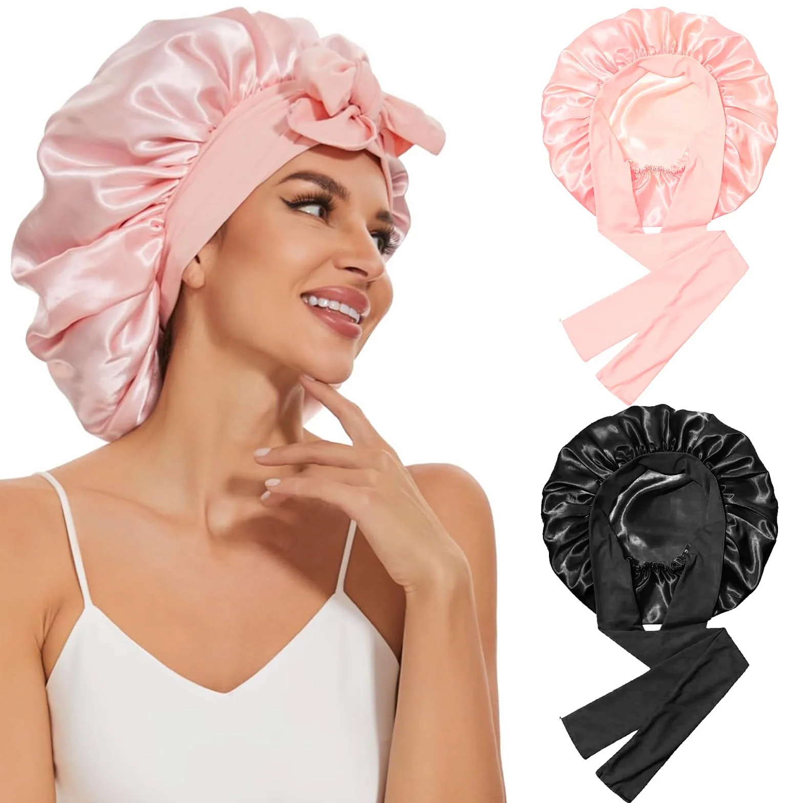 Zorplex Lot de 2 Bonnet Soie Cheveux Nuit, Capuchon de Sommeil Ajustable avec Élastique, Protection Cheveux