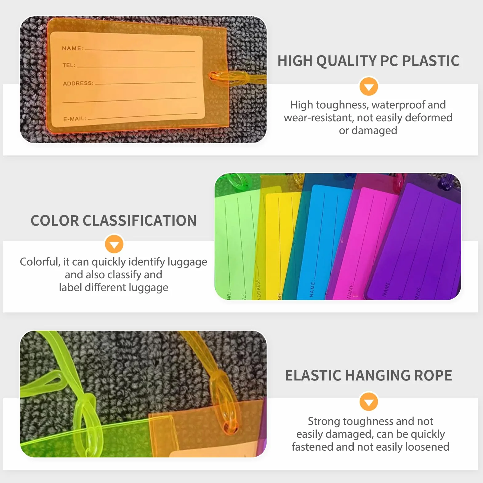 Étiquettes Bagages Silicone Souple Multicolore Résistantes avec Carte d’Identification pour Valises Sacs