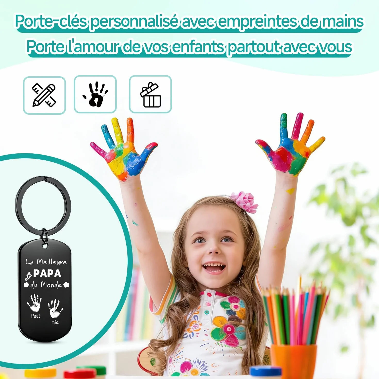 Porte Clef Personnalisable Cadeau Papa Empreinte de Main Photo Fête des Pères
