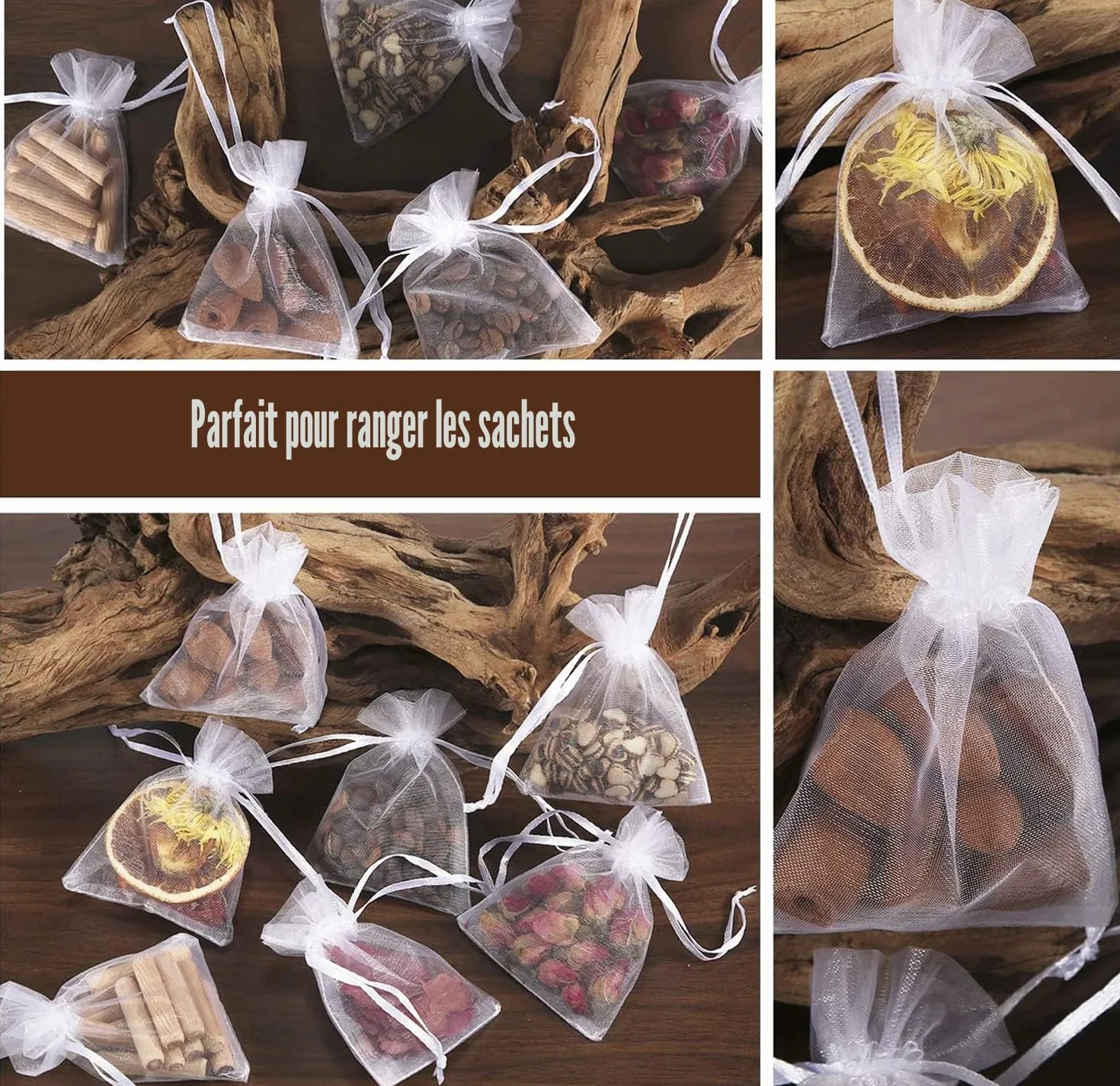 Sachets en organza blanc 9 x 12 cm Lot de 100 avec cordon en satin