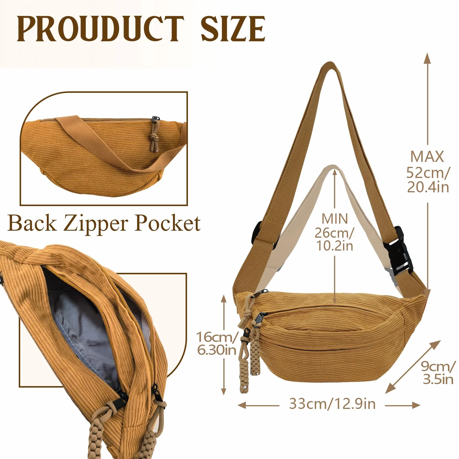 Sac Banane Velours Côtelé Sangle Réglable Polyvalent pour Femme Homme Shopping Voyage Travail Noir