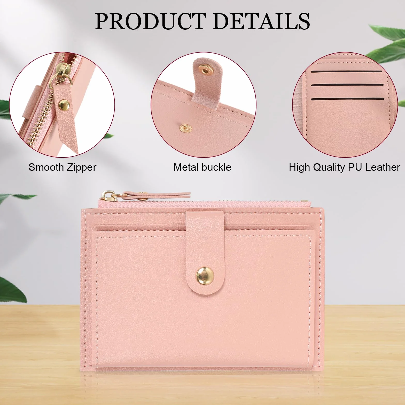 Portefeuille Femme Cuir Mini Porte Cartes avec Fermeture éclair 14x9x0.5cm Rose