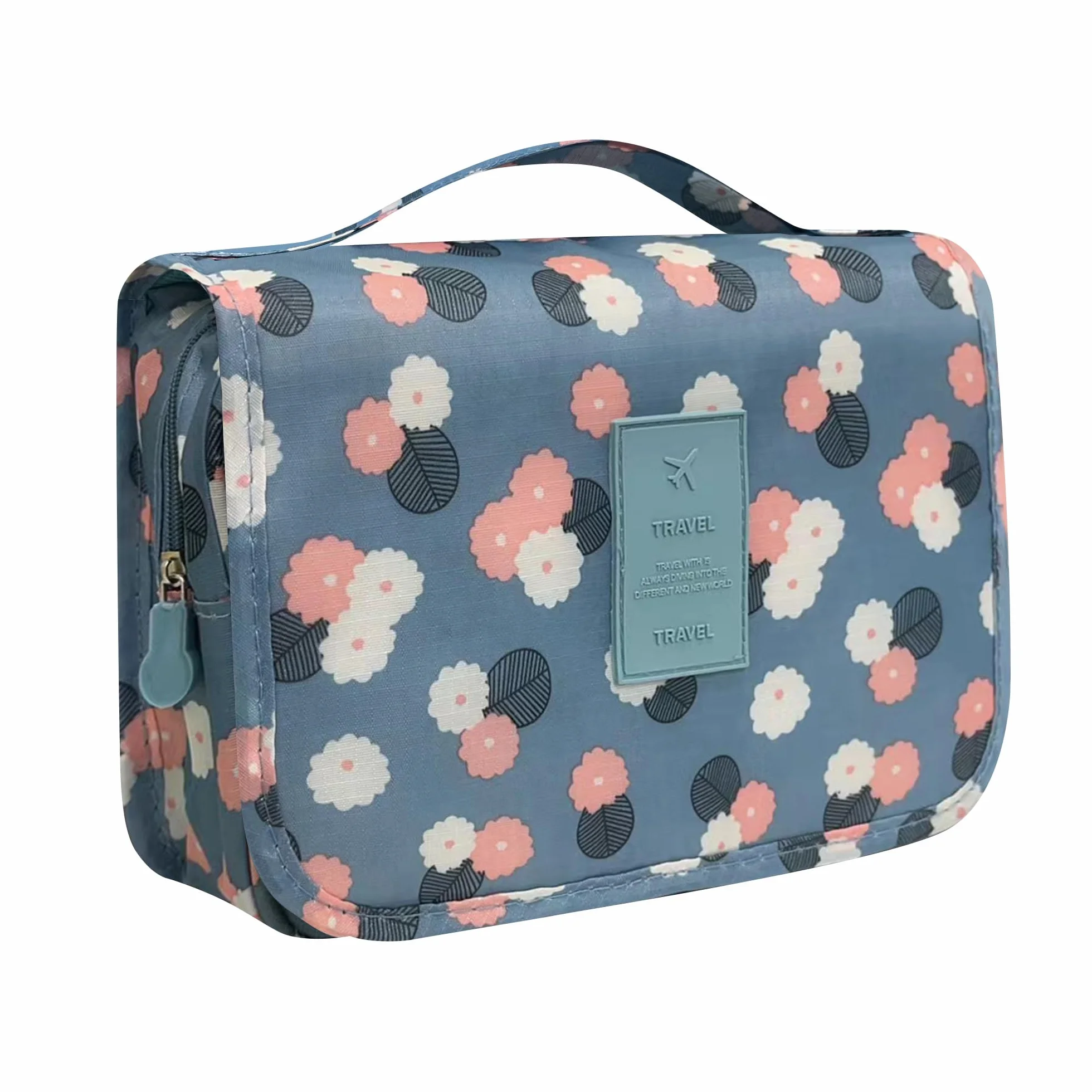 Trousse de Toilette de Voyage Suspendue avec Crochets, Fleurs Bleues