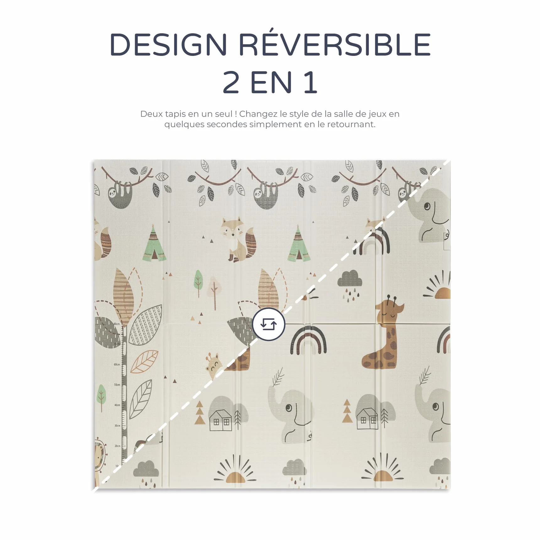 Tapis de Jeu Bébé 180x200 cm Double Face Rembourré 1,5 cm Pliable avec Sac de Transport Éléphant Arc-en-ciel