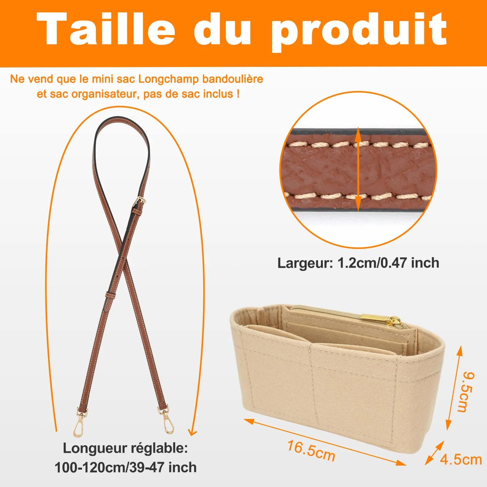GADITIEK Organisateur pour Sac Longchamp, Lanière en Cuir et Feutre, Anse de Sac