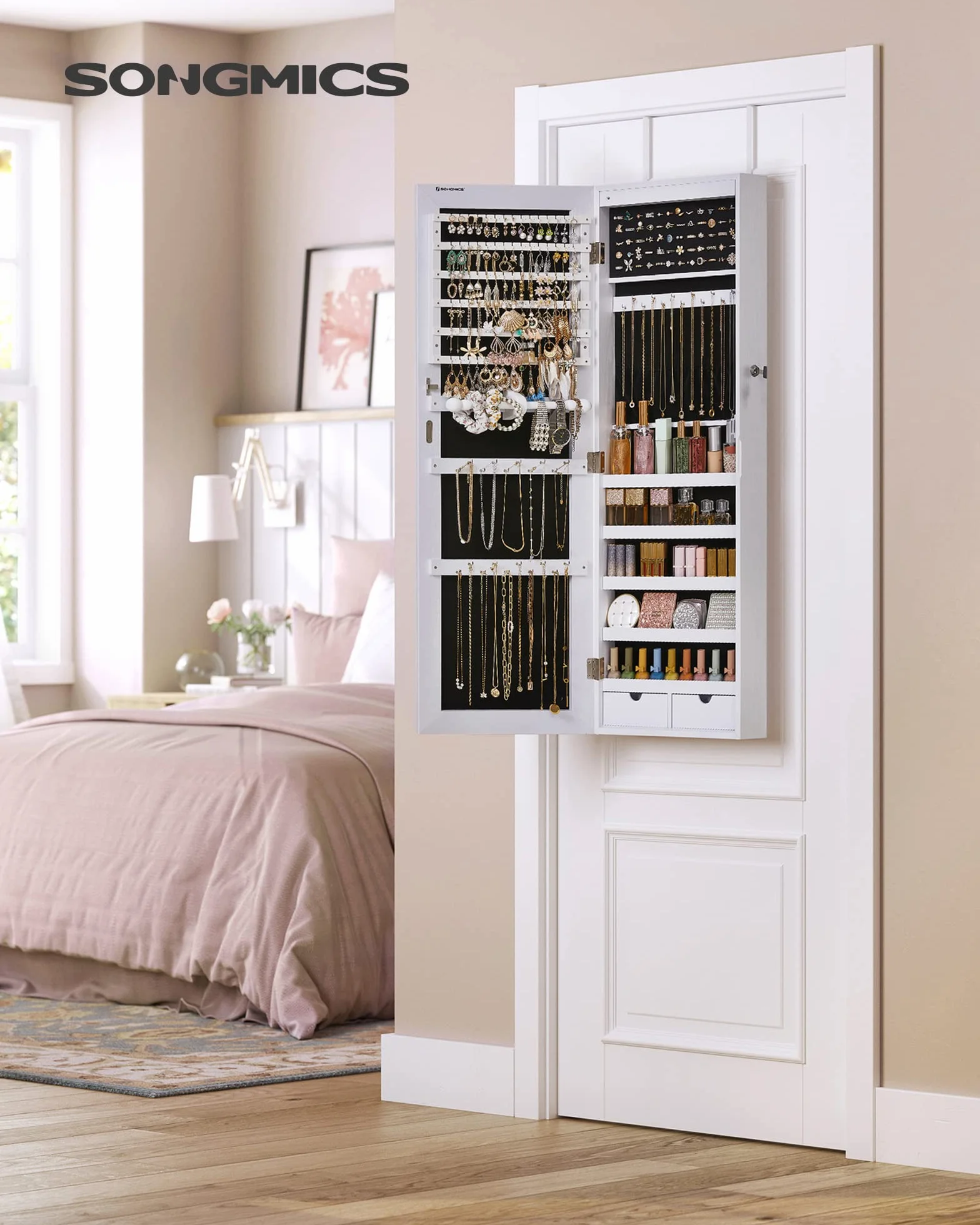 SONGMICS Armoire à Bijoux avec Miroir Long, 6 Lampes LED, 2 Tiroirs, Blanc JJC99WT