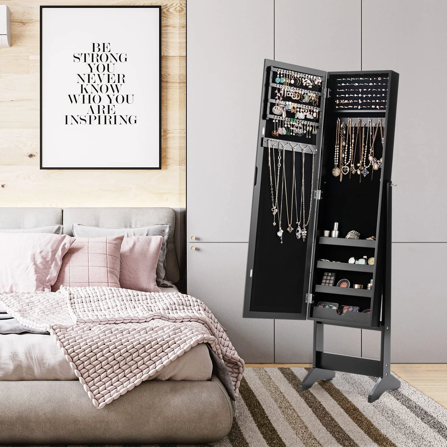 GOPLUS Armoire à Bijoux sur Pied avec Miroir Inclinable, Grand Rangement, Noir