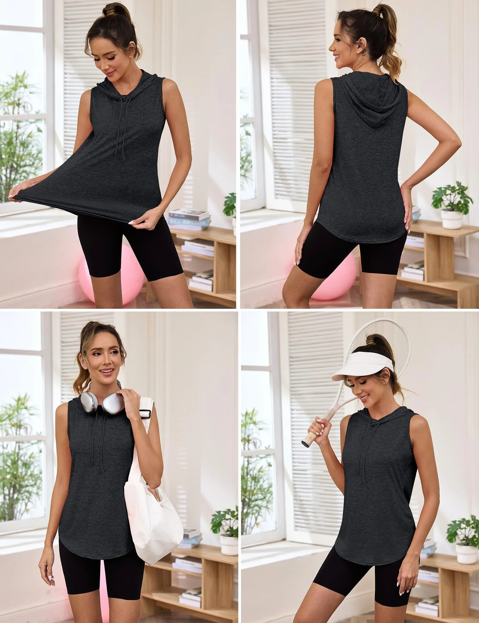 Femme Débardeur Sport sans Manches Capuche Cordon Ajustable T-Shirt Été Léger Respirant Fitness Yoga