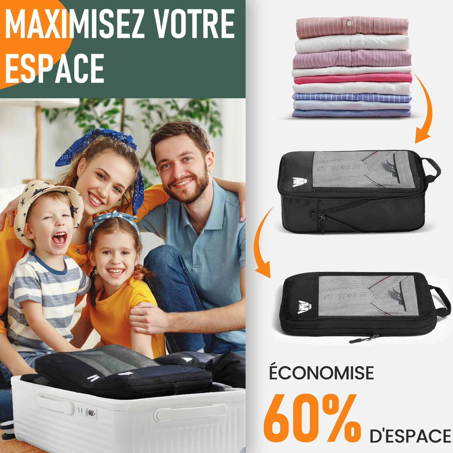 Sac Compression Voyage Organisateur Valise 8 Pièces Packing Cubes Rangement Noir