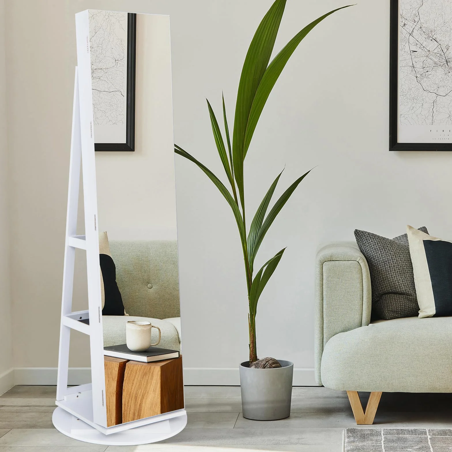 GOPLUS Armoire à Bijoux avec Miroir sur Pied, Rotative 360° Lumière LED 3 Couleurs, Verrouillable, Blanc