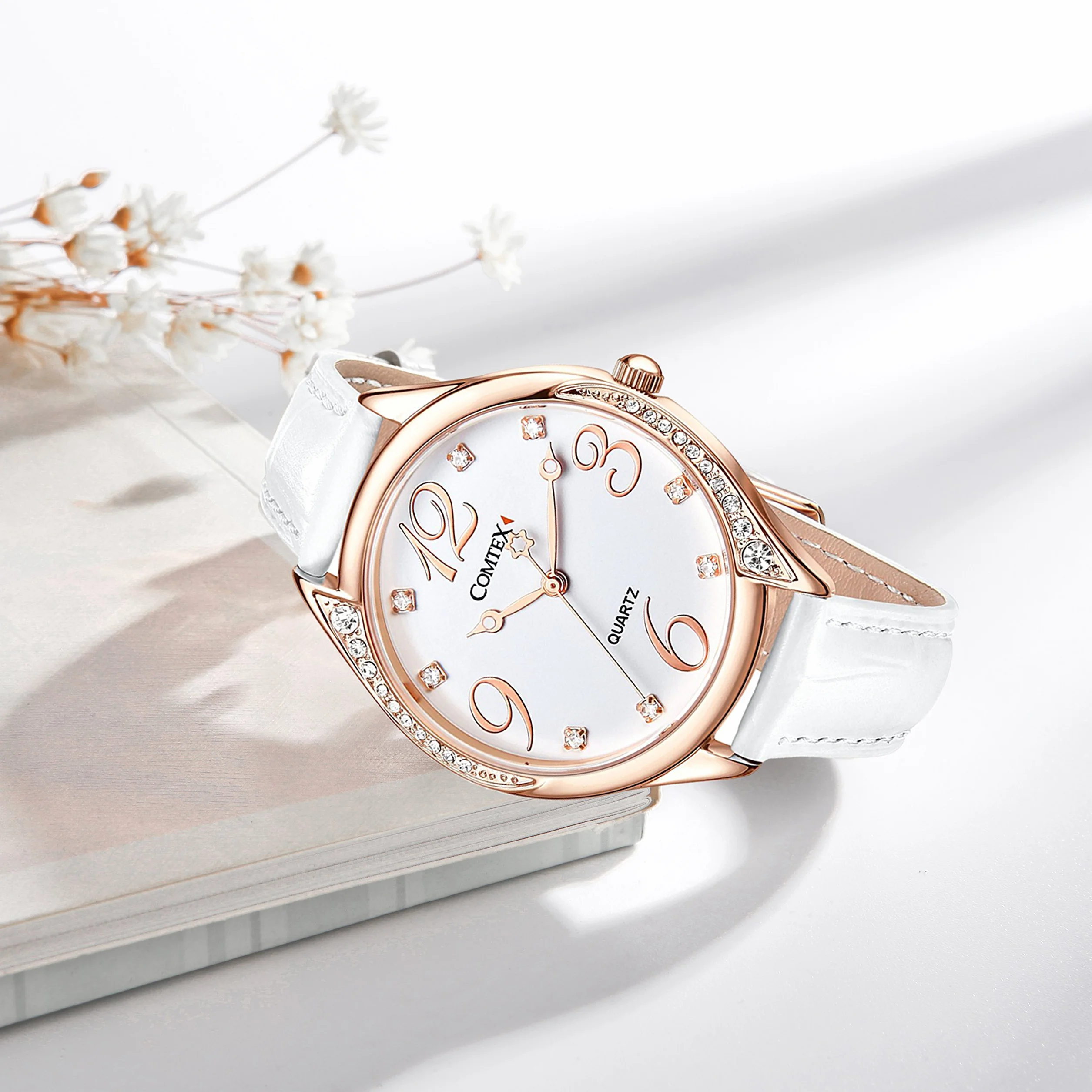 Comtex Montre Femme Or Rose Gros Cadran Diamant Cristal Blanc Cuir
