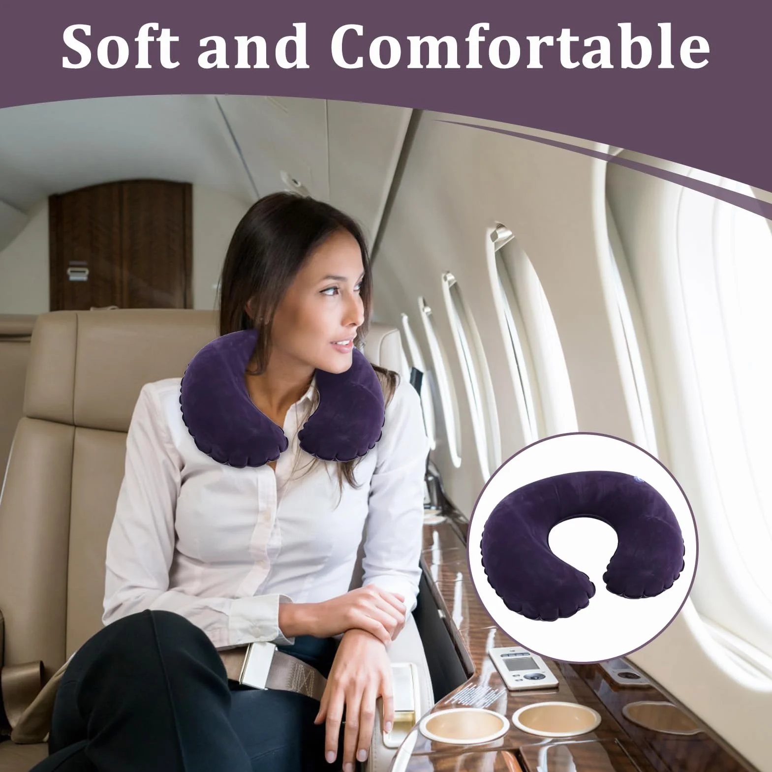 Coussin Voyage Gonflable en Forme de U pour la Nuque Portable, Oreiller de Voyage Pliable, Bleu+Gris