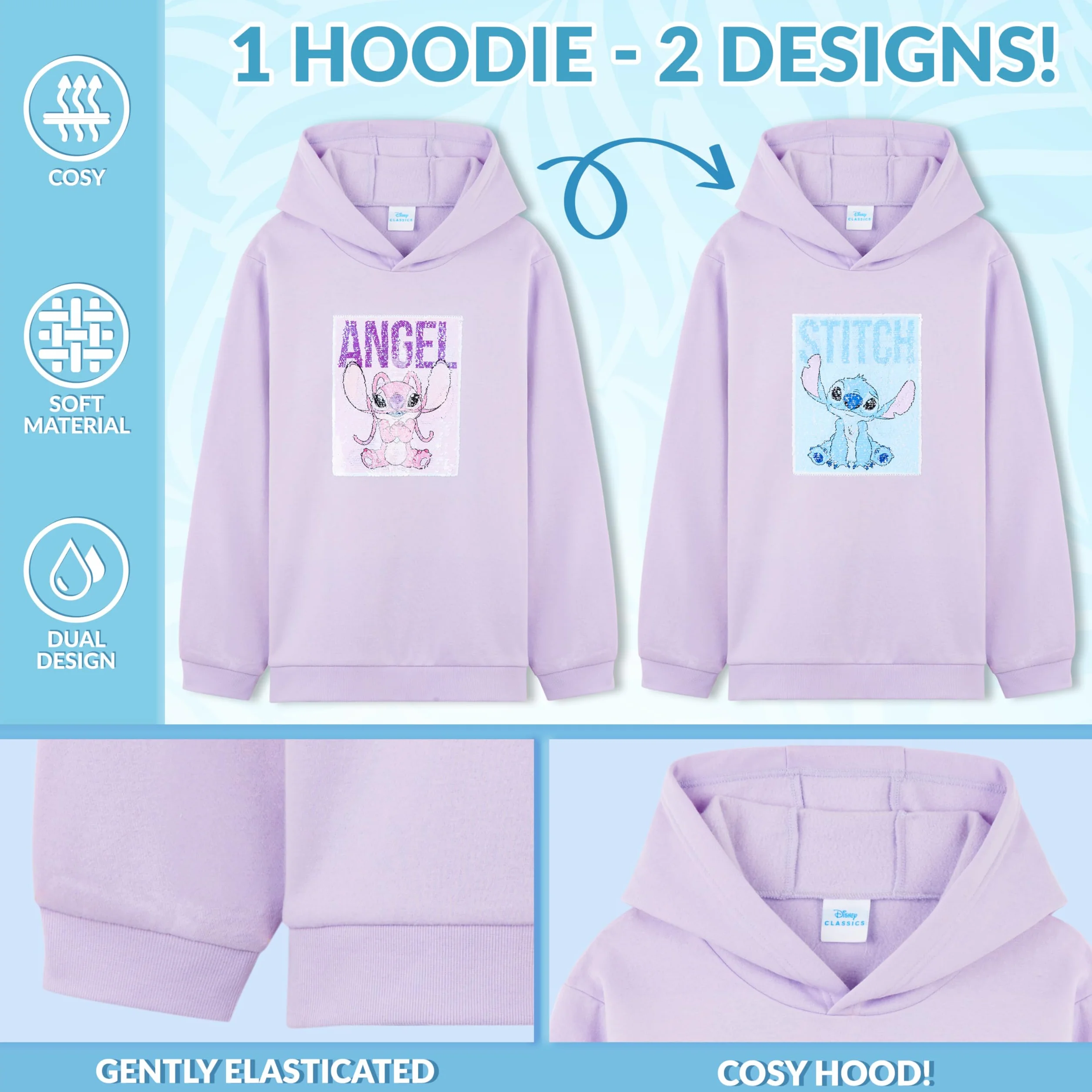 Disney Stitch Sweat à Capuche Fille Ado Mode Pull Chaud Hoodie Sequins Réversibles Cadeau Enfant