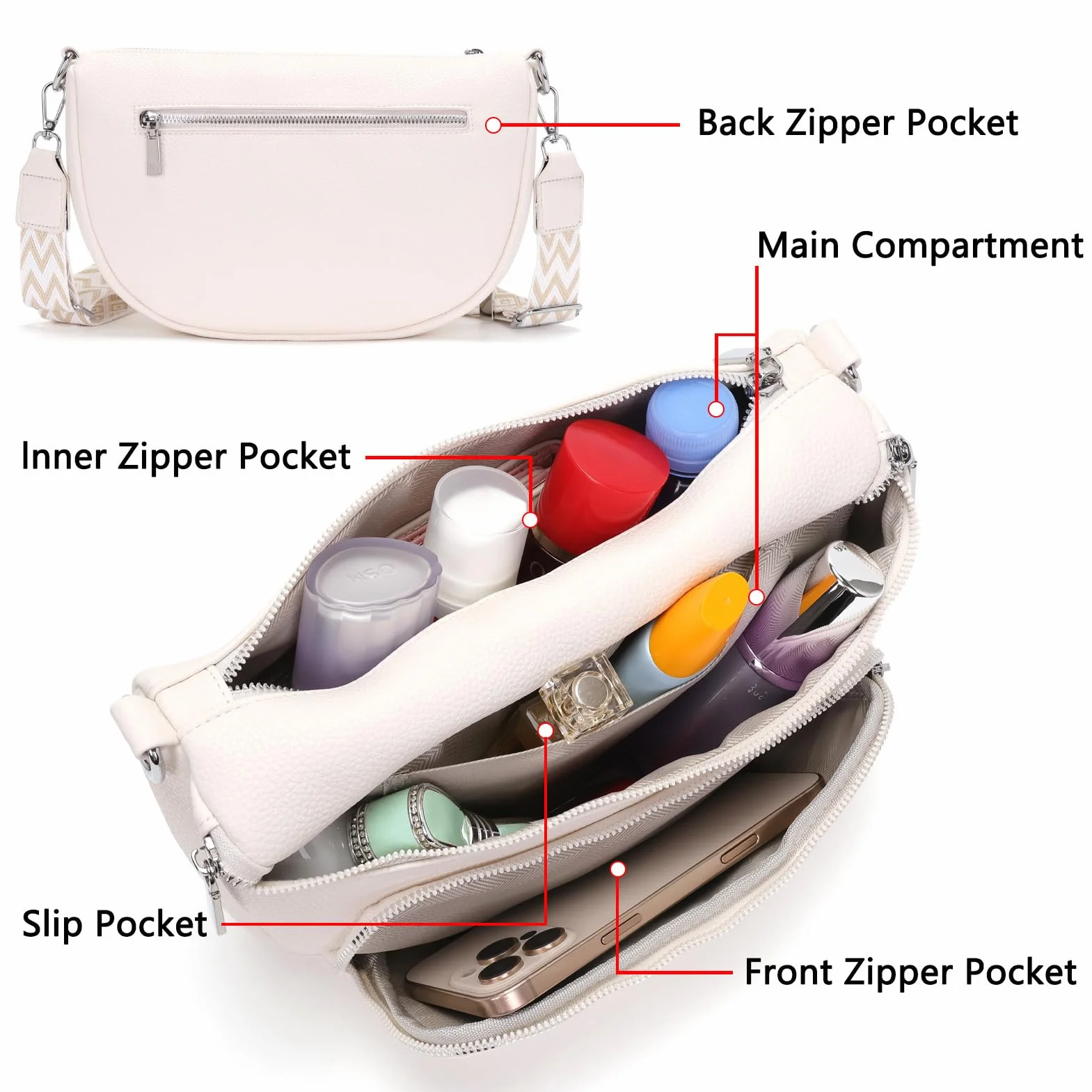 Grand sac banane femme cuir vegan sacoche bandoulière réglable poches multiples