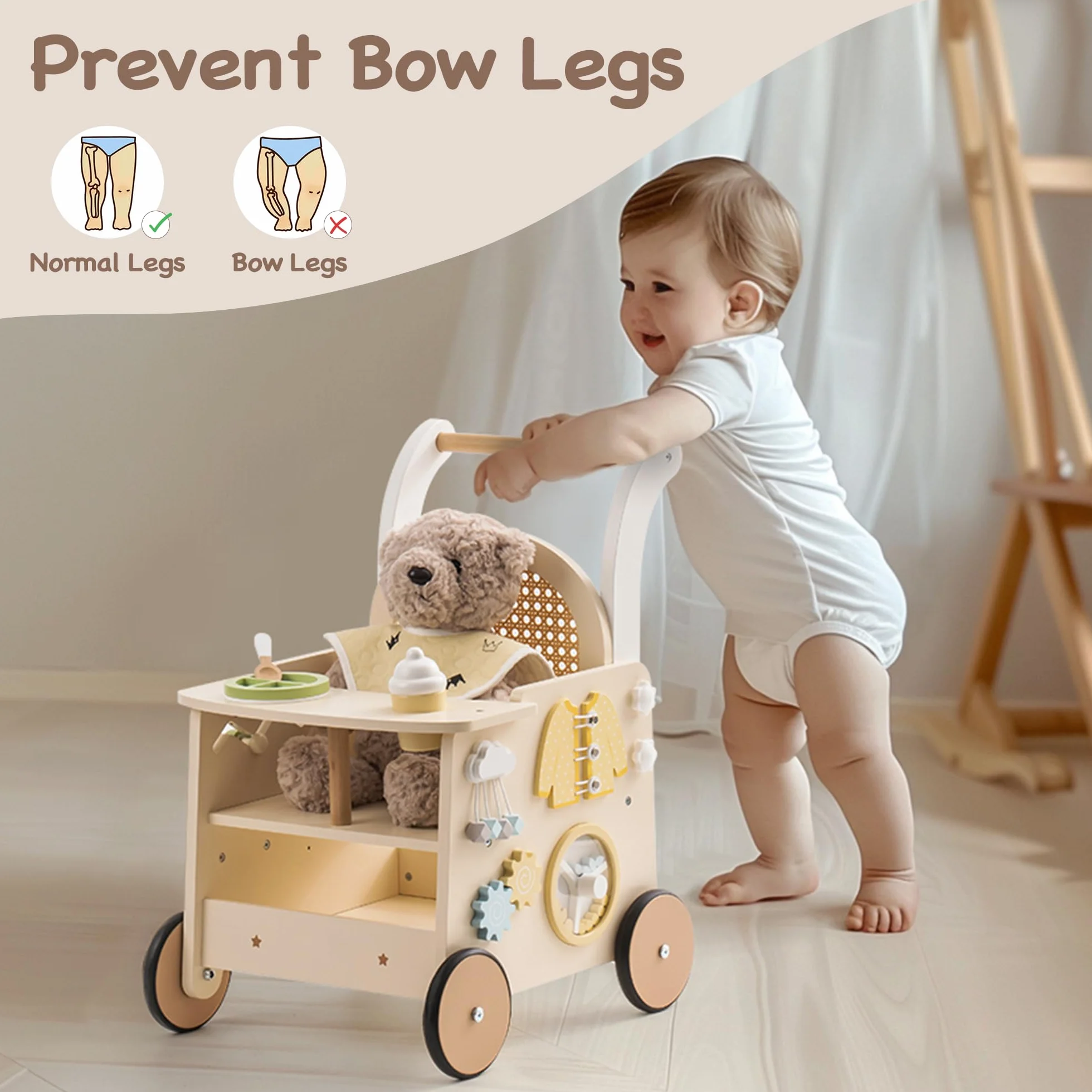 ROBOTIME landau en bois pour bébé, poussette de marche à pousser/tirer, marcheur avec contrôle de vitesse, dès 10 mois