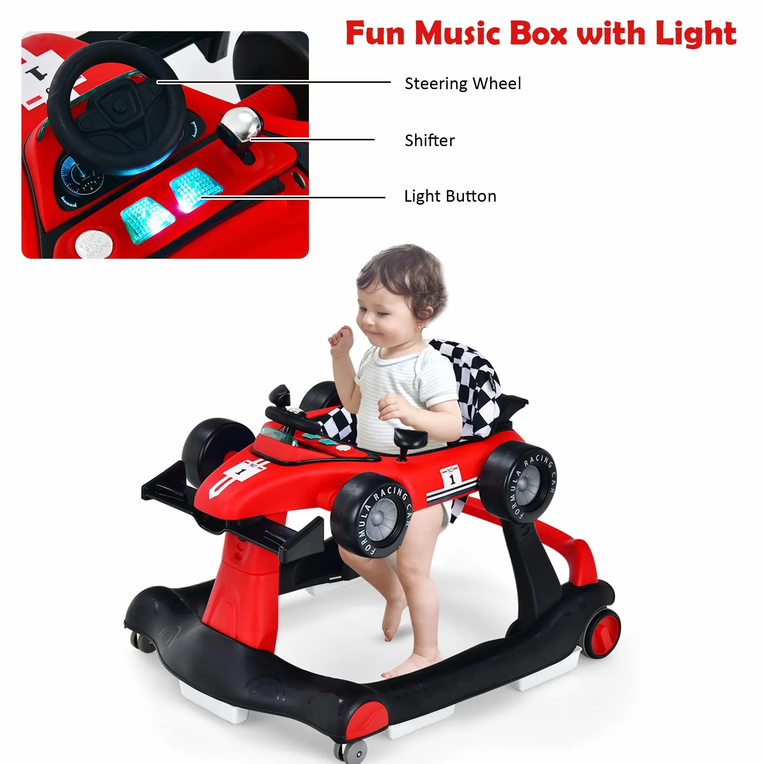 LIFEZEAL Trotteur Bébé 4 en 1 Pliable avec 3 Hauteurs Réglables, Marcheur Musical, 6-18 Mois, 15 kg, Rouge