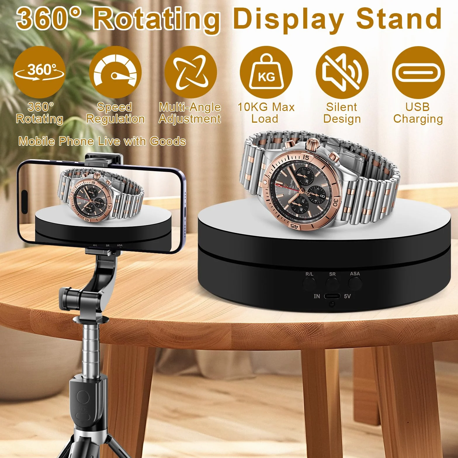 Plateau Tournant Électrique 360° Motorisé pour Bijoux Montres avec Télécommande Noir