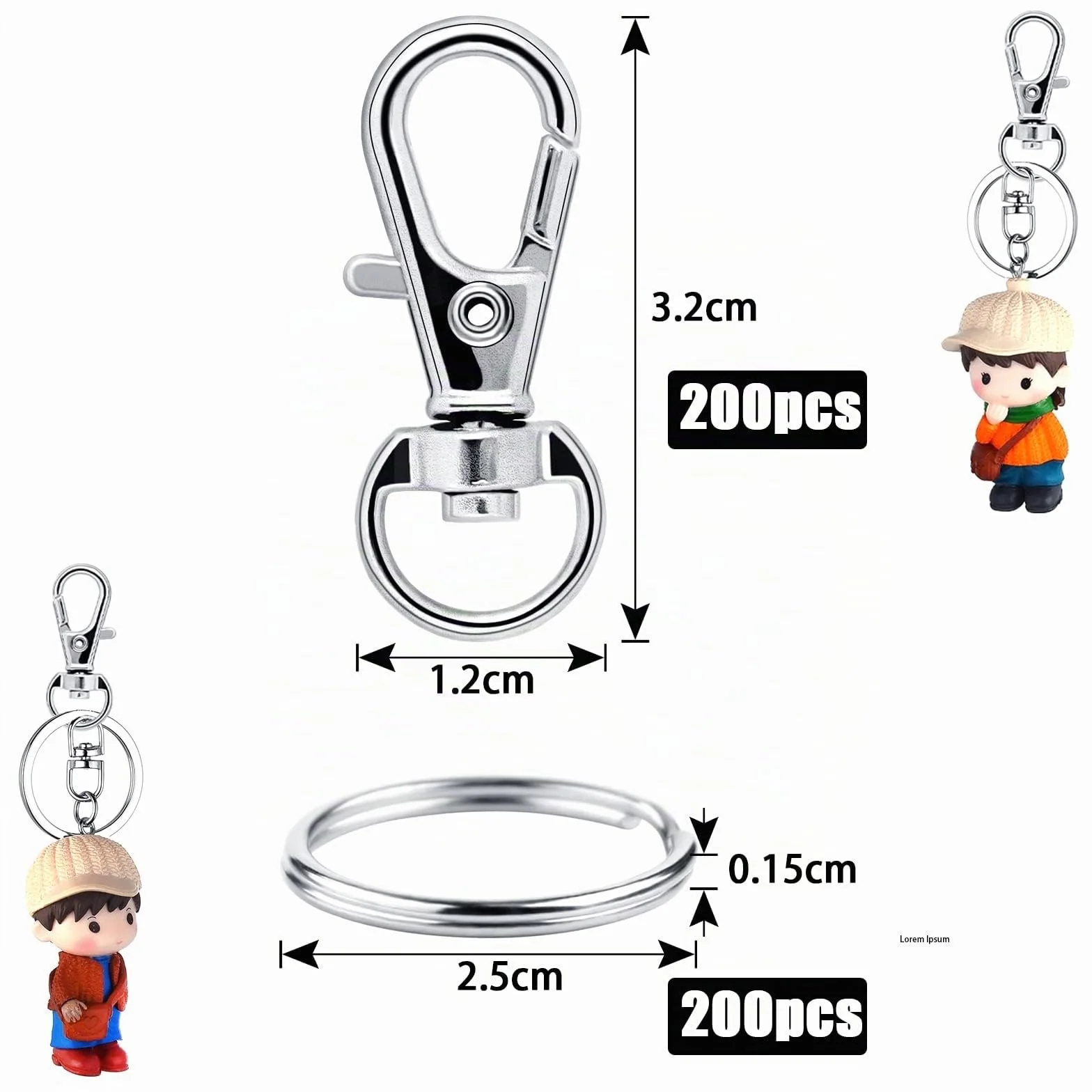 Lot de 400 petits porte-clés en acier inoxydable - Mousquetons pivotants argent