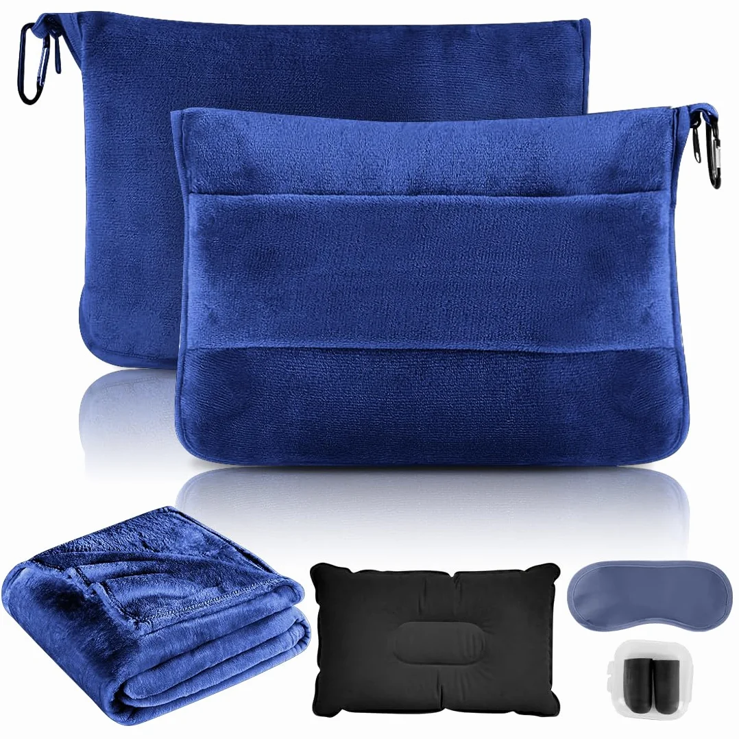 Couverture de voyage 3 en 1 ultra légère et chaude pour avion et voiture avec coussin gonflable et accessoires