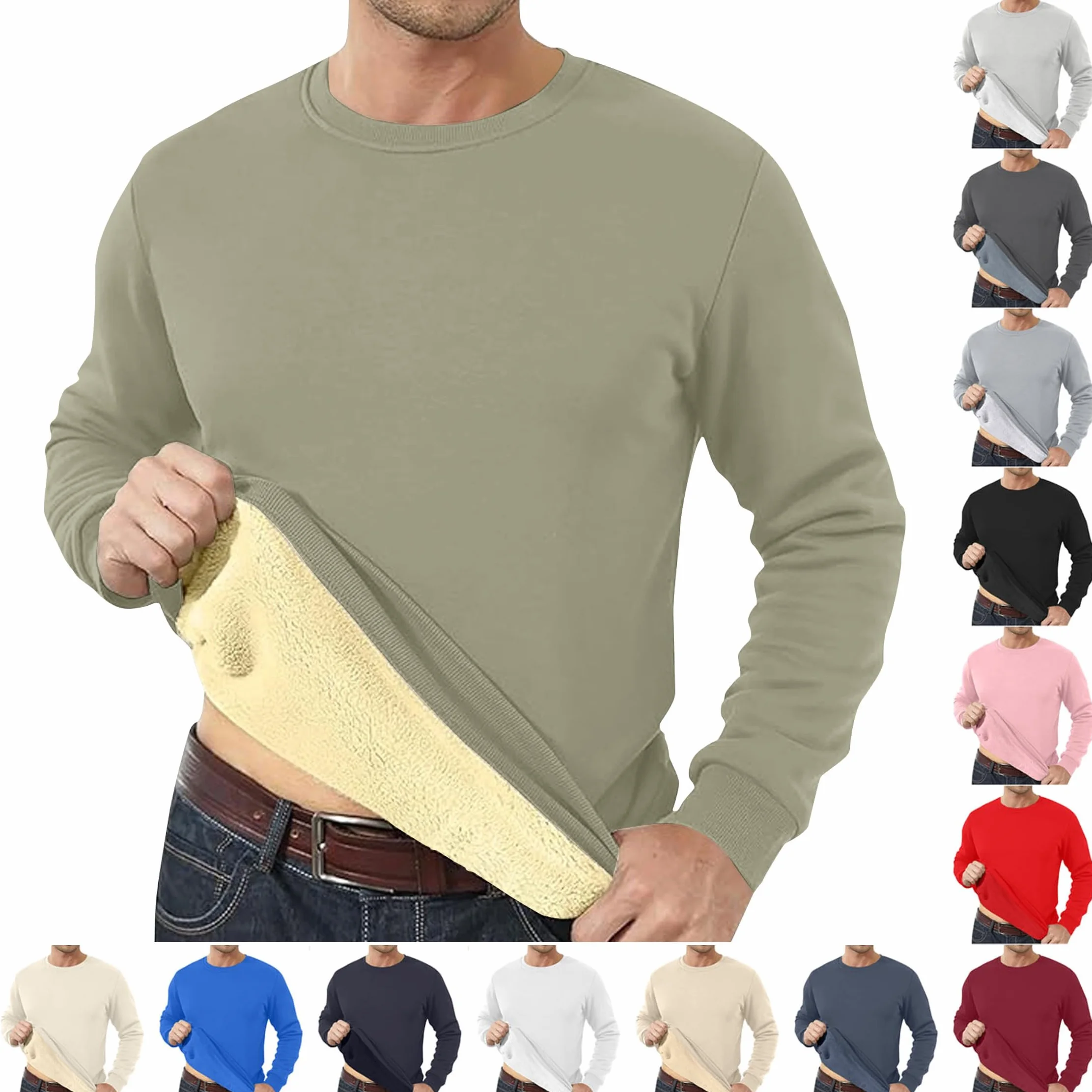 Sweatshirt Polaire Homme Sans Capuche Col Rond Manches Longues Slim Pull Sherpa Grande Taille Chaud Couleur Unie