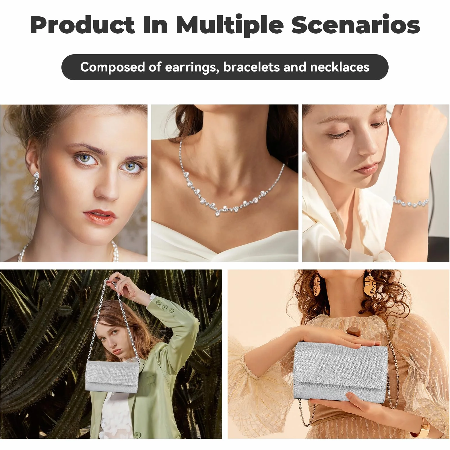 Sac à Main Argenté avec Collier Bracelet Boucles d'Oreilles Pochette Mariage Soirée