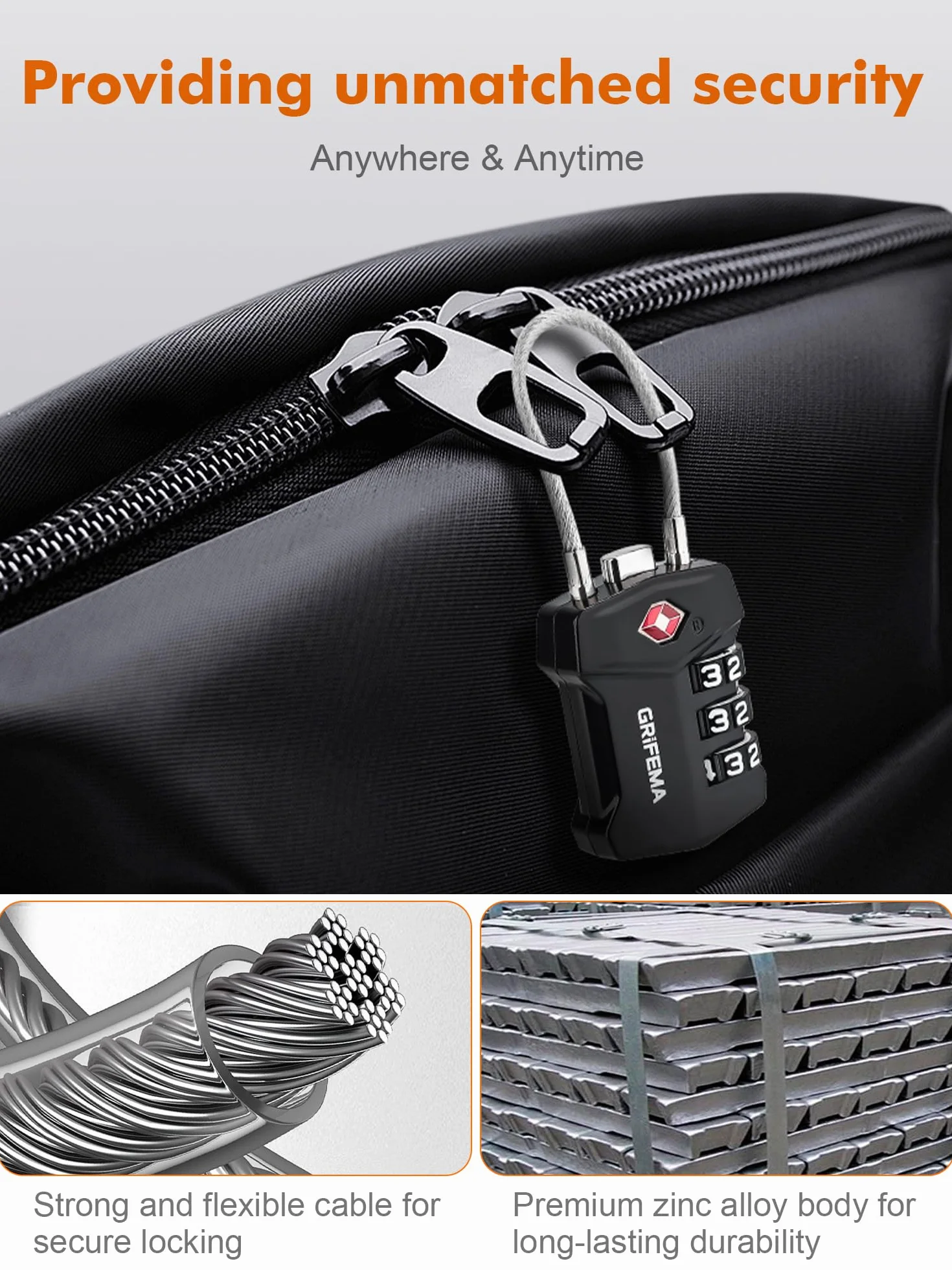 GRIFEMA Cadenas à Combinaison 3 Chiffres TSA, Câble Flexible Antivol Valise Bagages