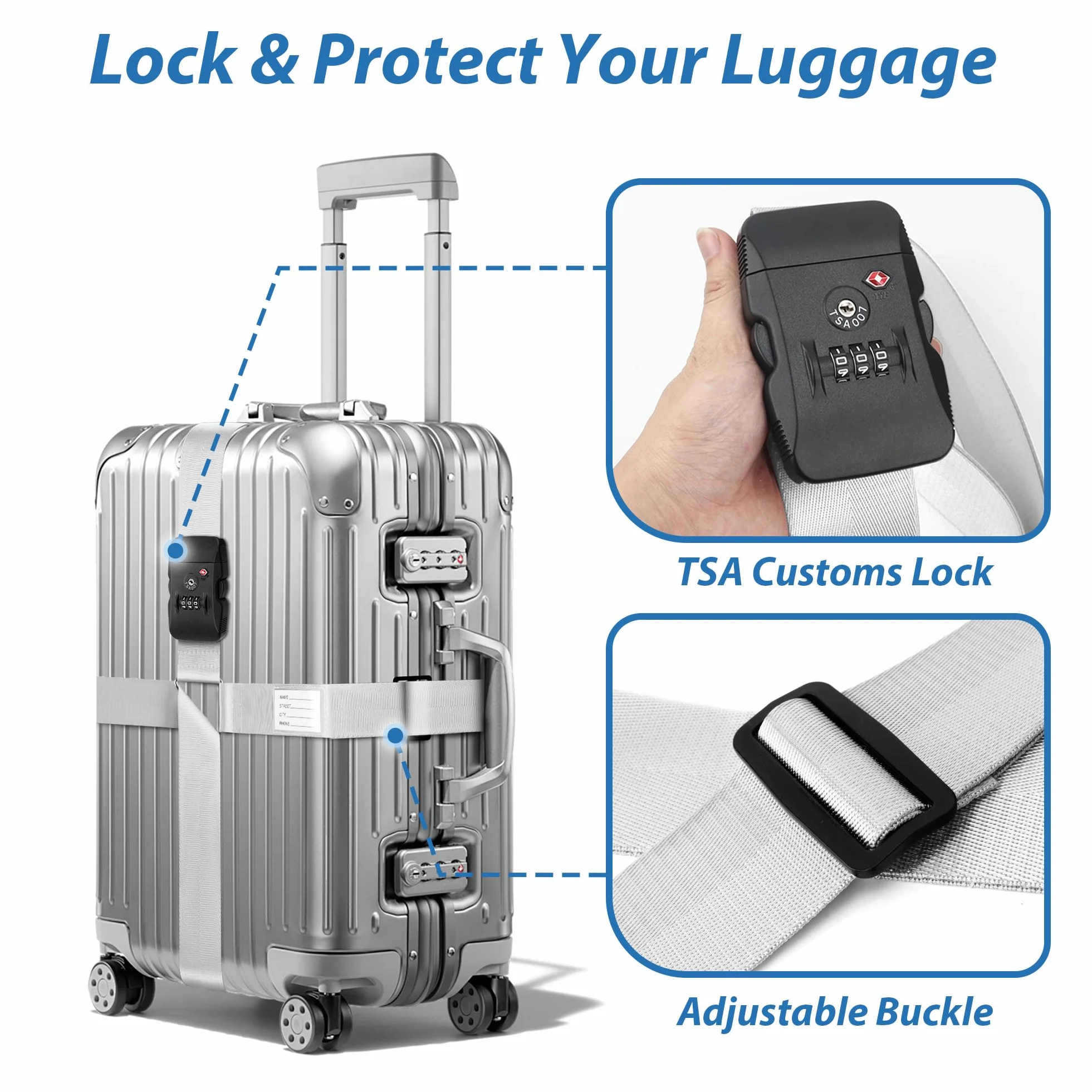 Sangles de Bagages Croisées avec Serrure TSA et Étiquette Nominative, Accessoires de Voyage Visibles et Sécurisés (Argent)